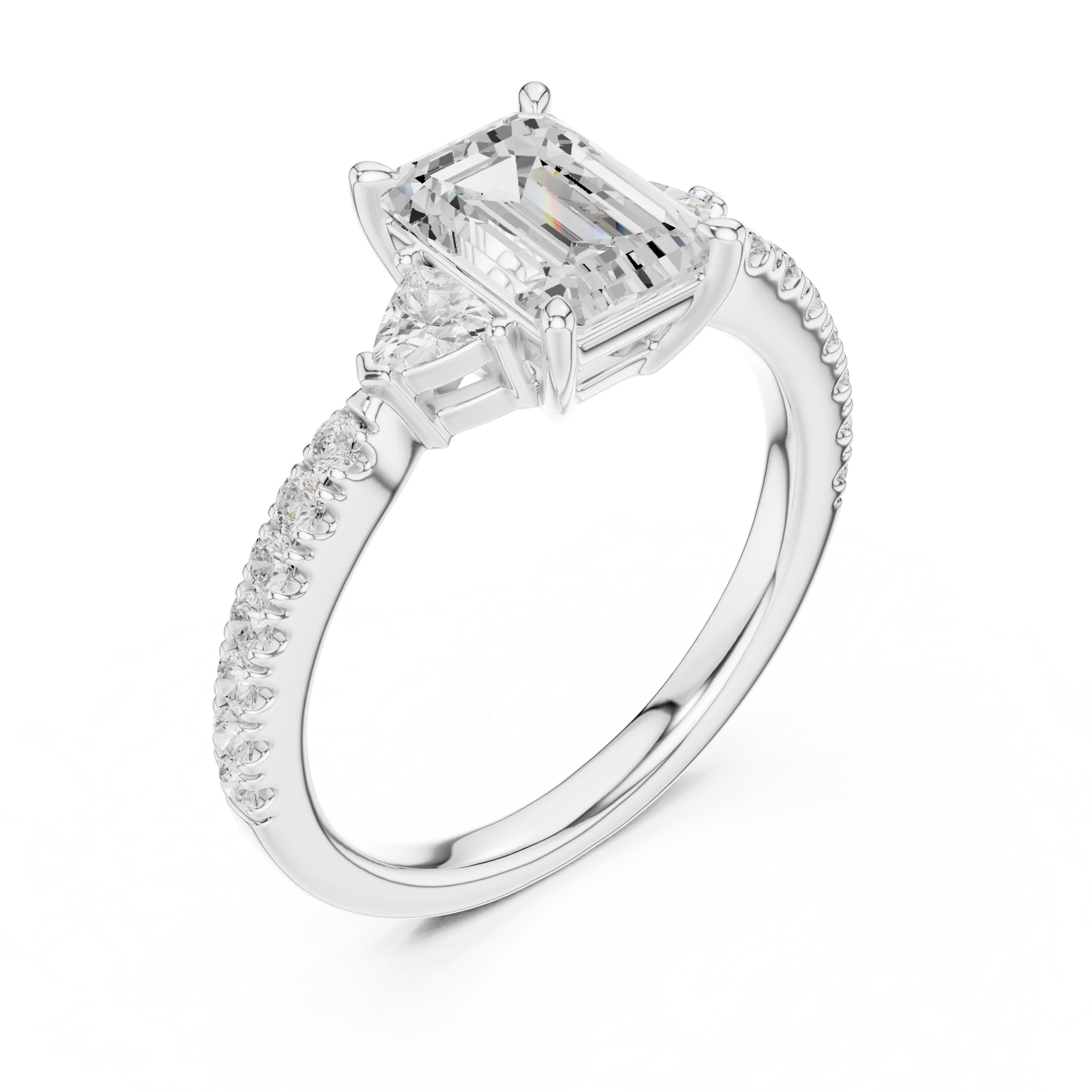 Emerald Cut Diamond Three-Stone Engagement Ring with Pave Band