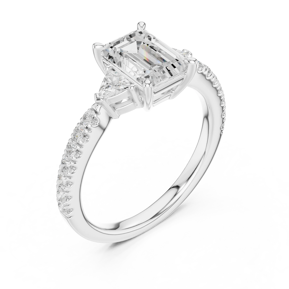 Emerald Cut Diamond Three-Stone Engagement Ring with Pave Band