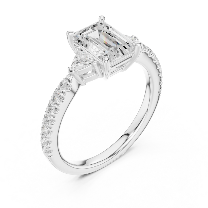 Emerald Cut Diamond Three-Stone Engagement Ring with Pave Band