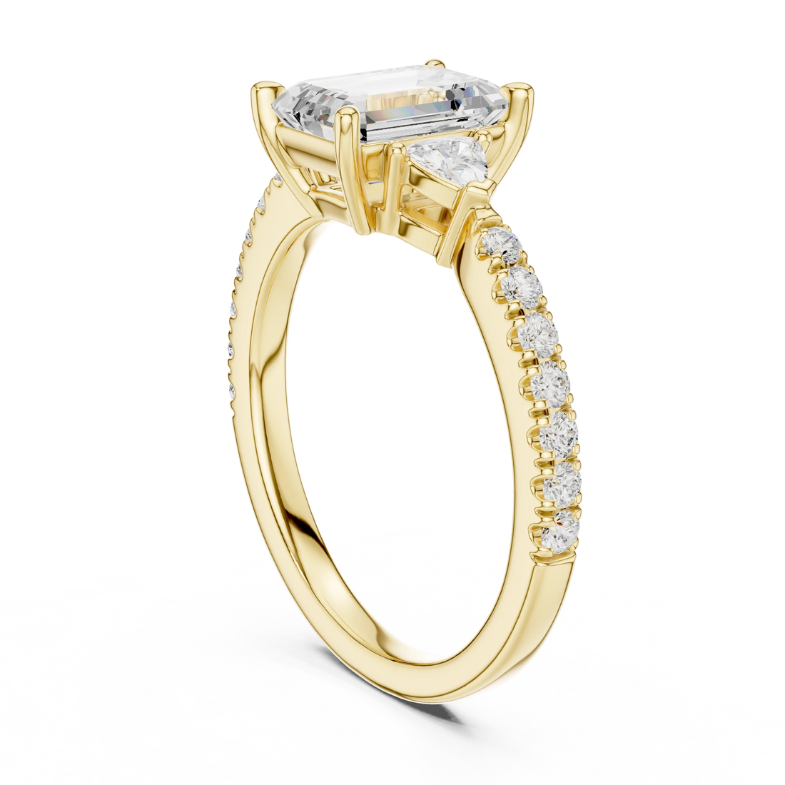 Emerald Cut Diamond Three-Stone Engagement Ring with Pave Band