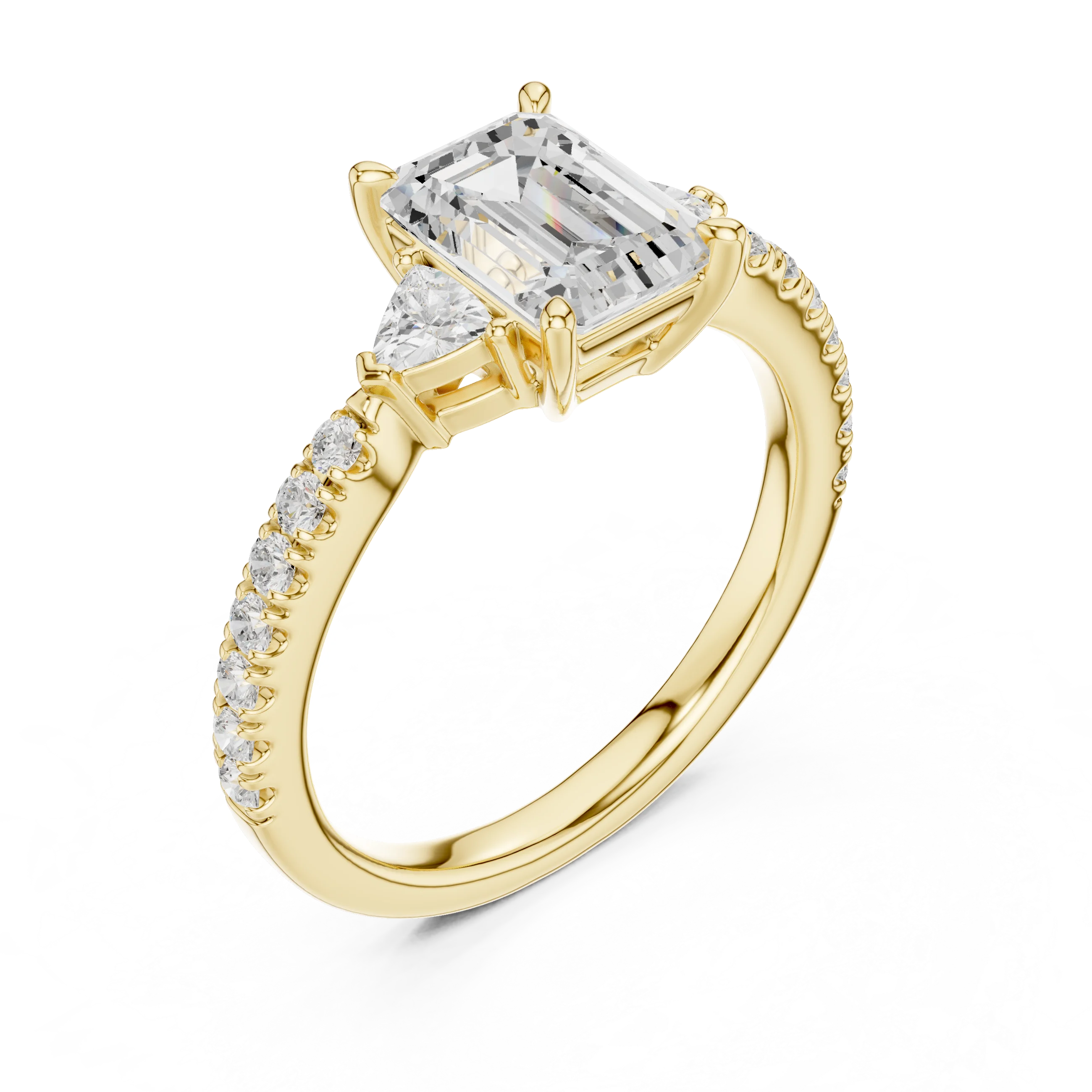 Emerald Cut Diamond Three-Stone Engagement Ring with Pave Band