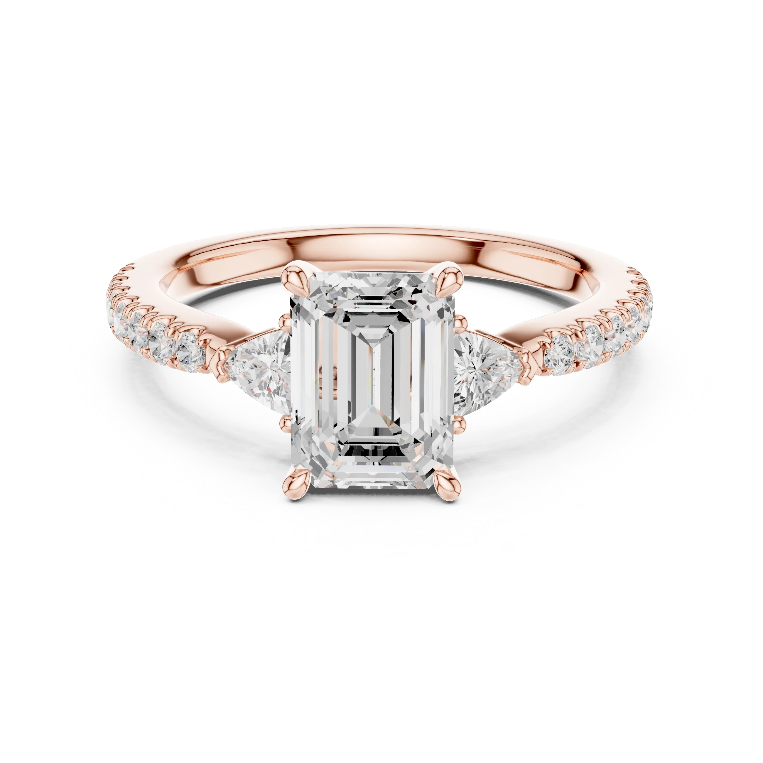 Emerald Cut Diamond Three-Stone Engagement Ring with Pave Band