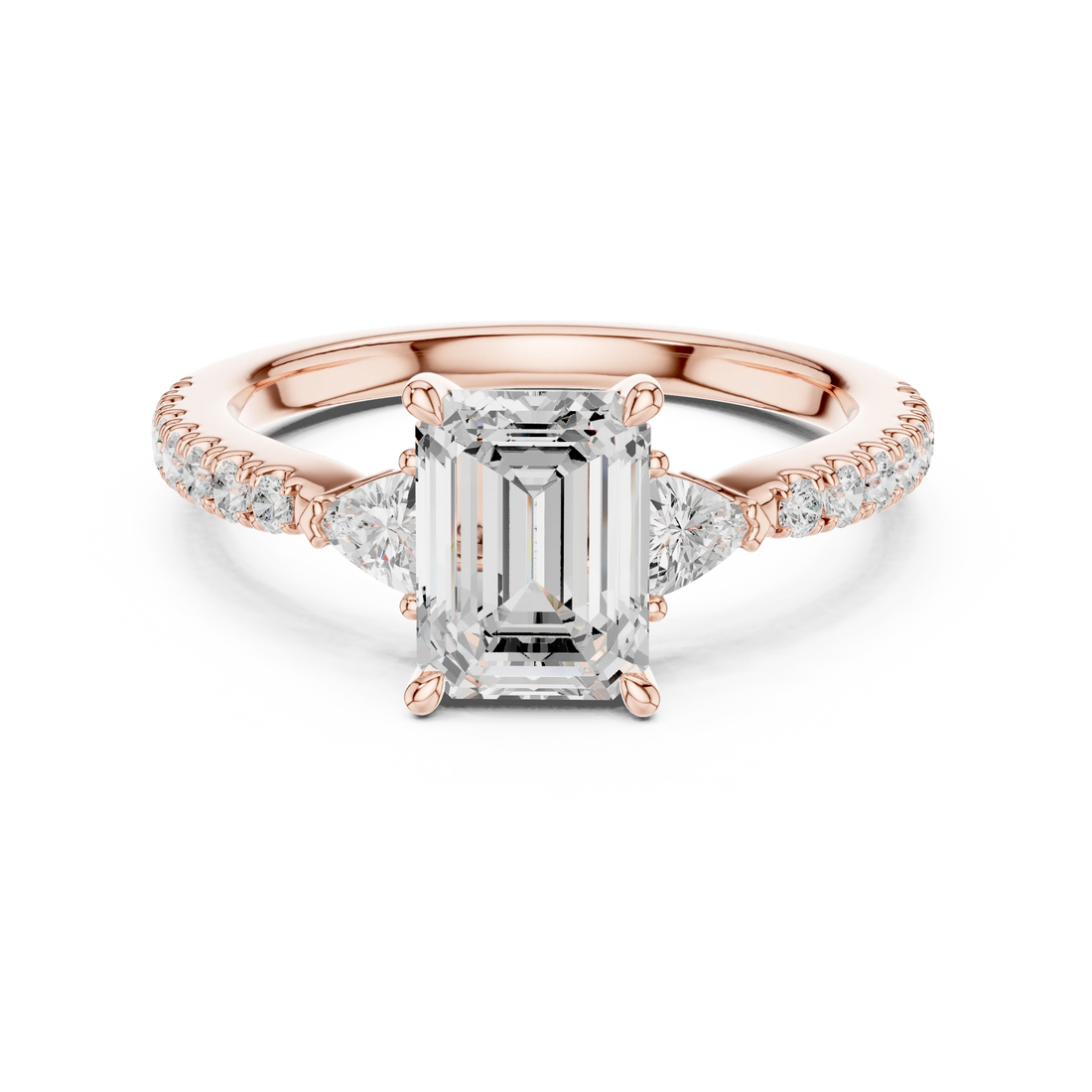 Emerald Cut Diamond Three-Stone Engagement Ring with Pave Band