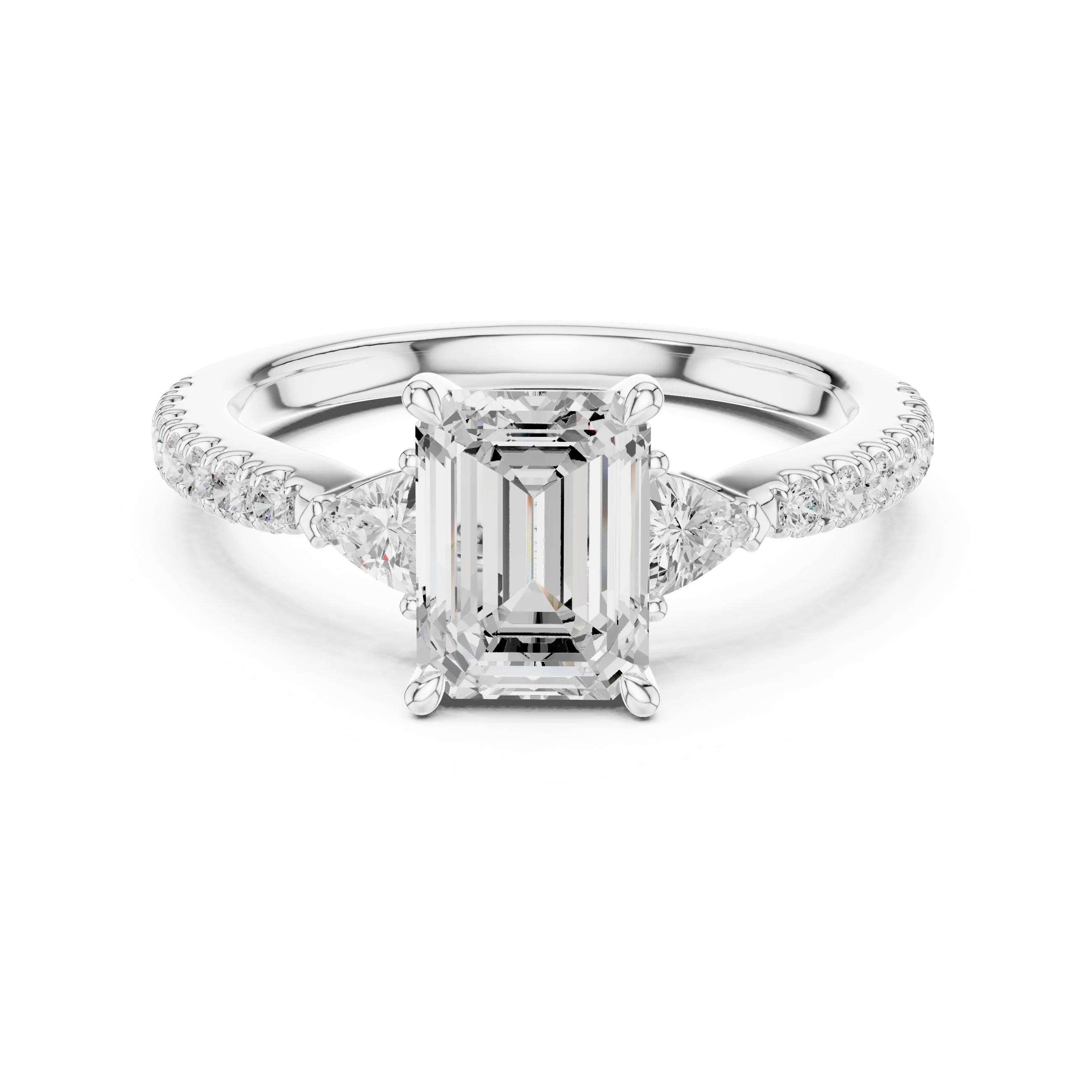 Emerald Cut Diamond Three-Stone Engagement Ring with Pave Band