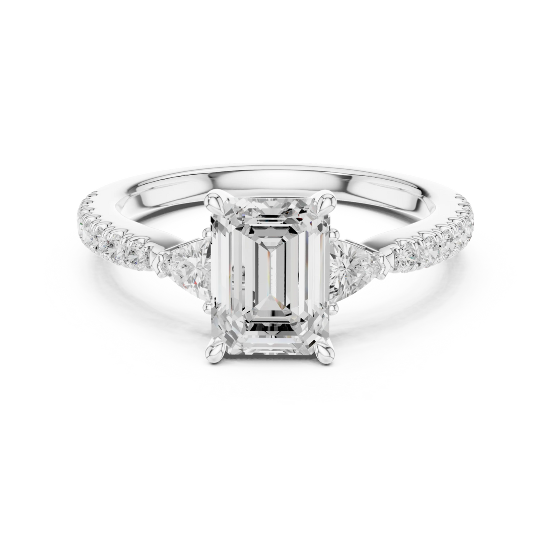 Emerald Cut Diamond Three-Stone Engagement Ring with Pave Band