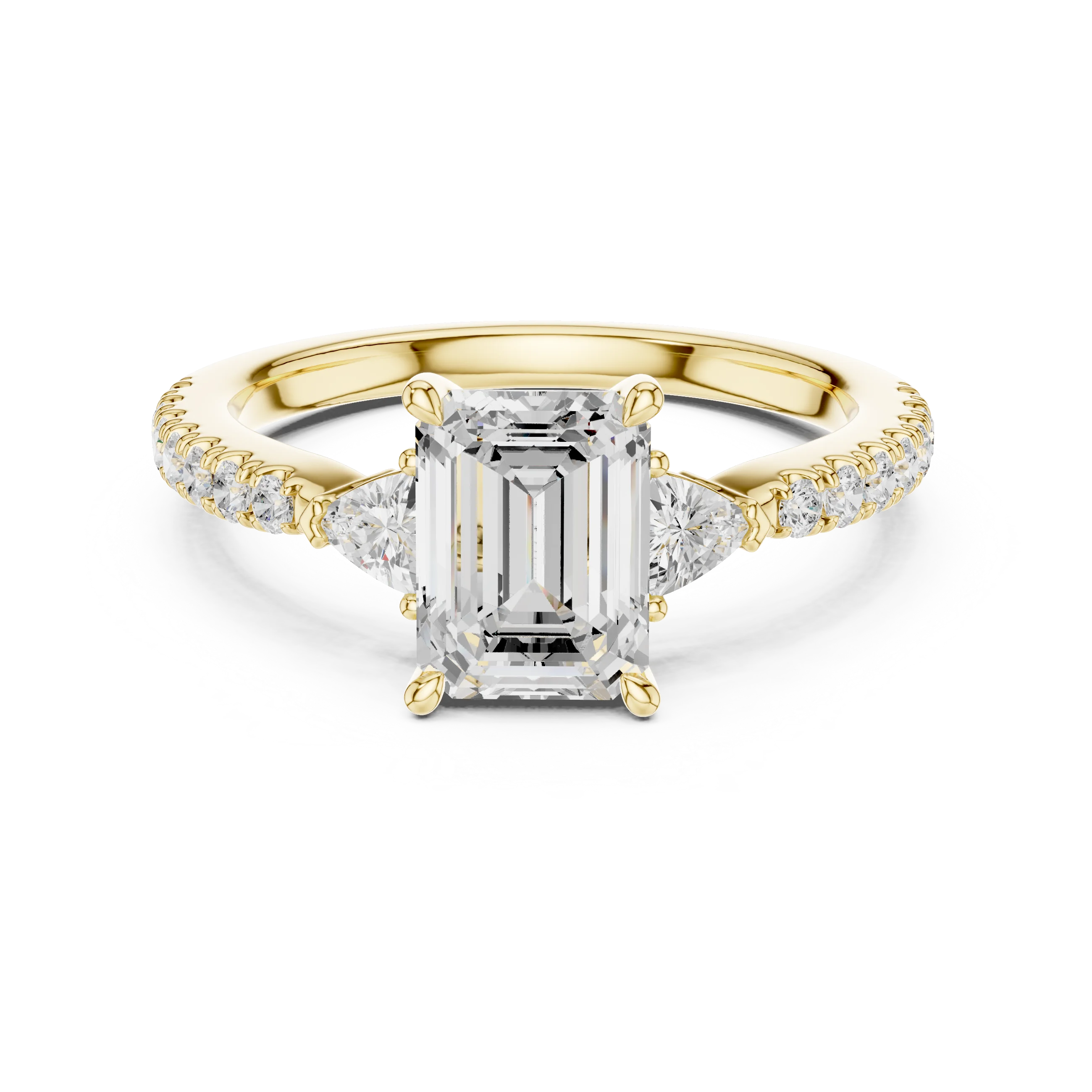 Emerald Cut Diamond Three-Stone Engagement Ring with Pave Band