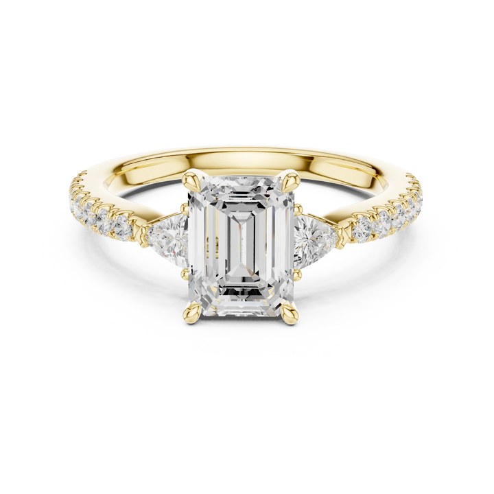 Emerald Cut Diamond Three-Stone Engagement Ring with Pave Band