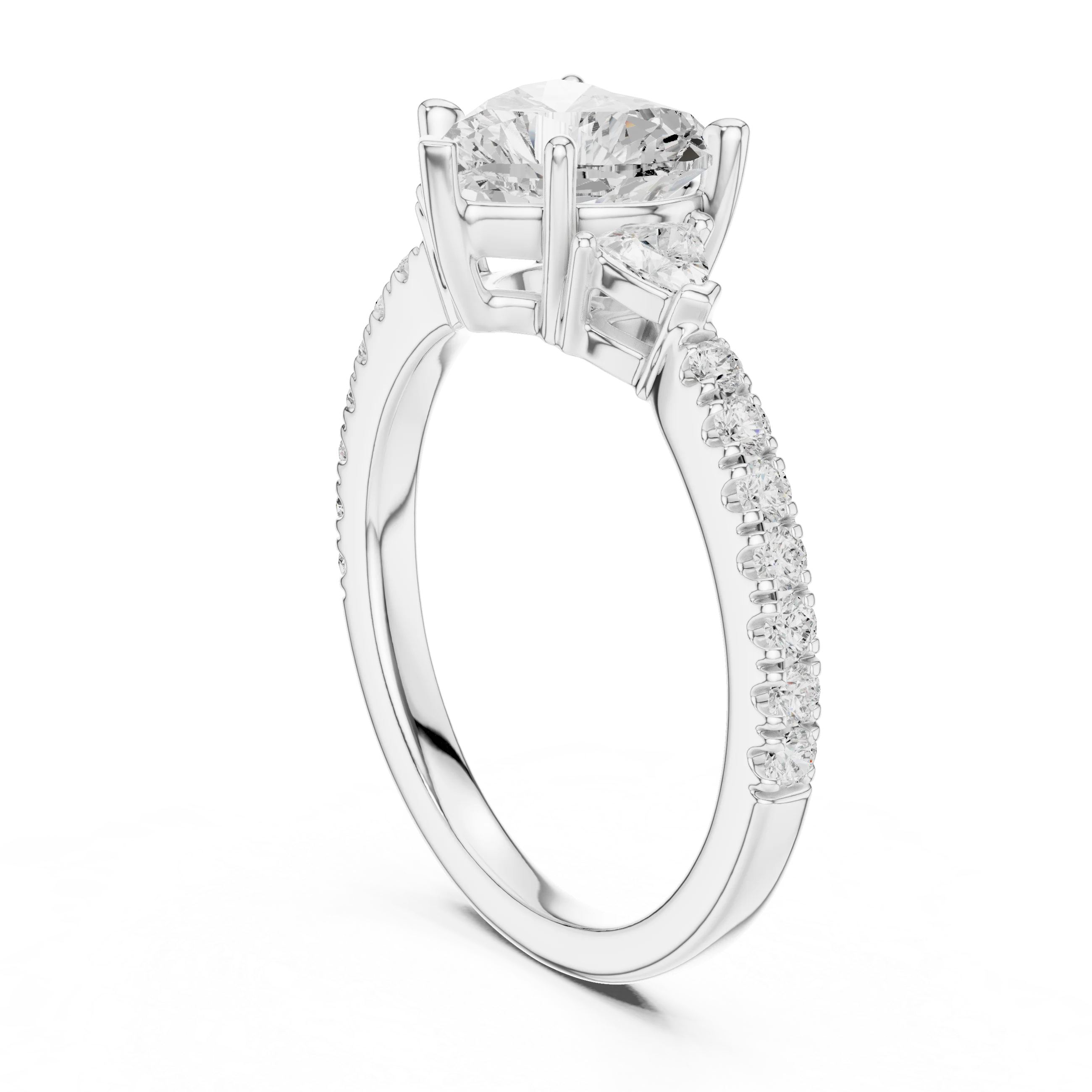 Heart Cut Diamond Three-Stone Engagement Ring with Pave Band