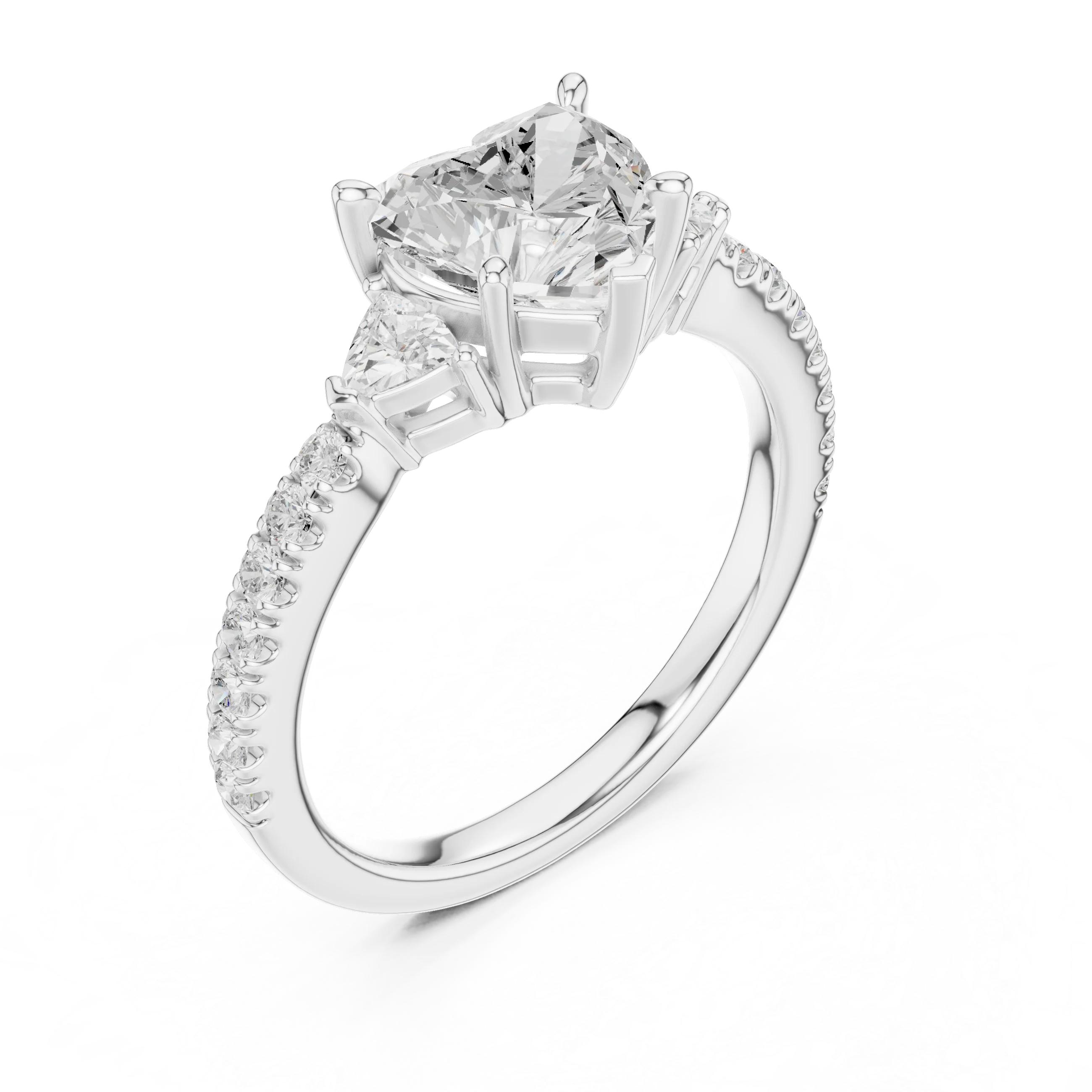 Heart Cut Diamond Three-Stone Engagement Ring with Pave Band