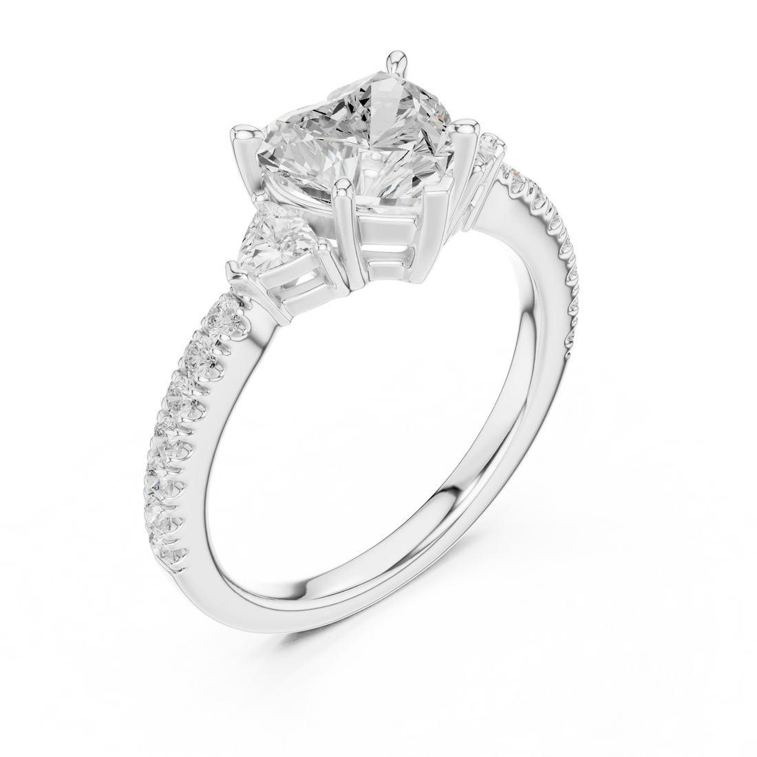Heart Cut Diamond Three-Stone Engagement Ring with Pave Band