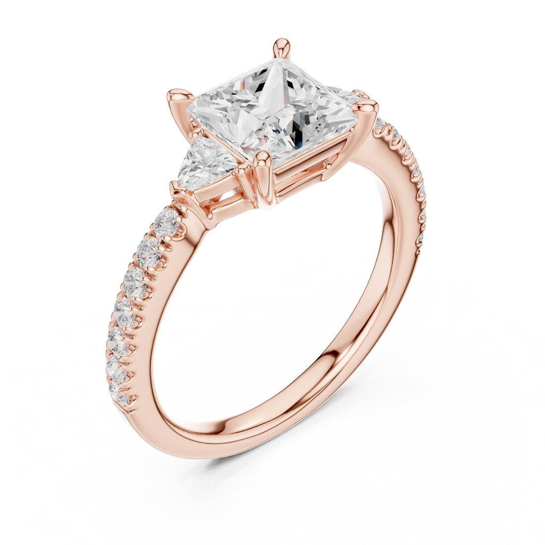 Princess Cut Diamond Three-Stone Engagement Ring with Pave Band