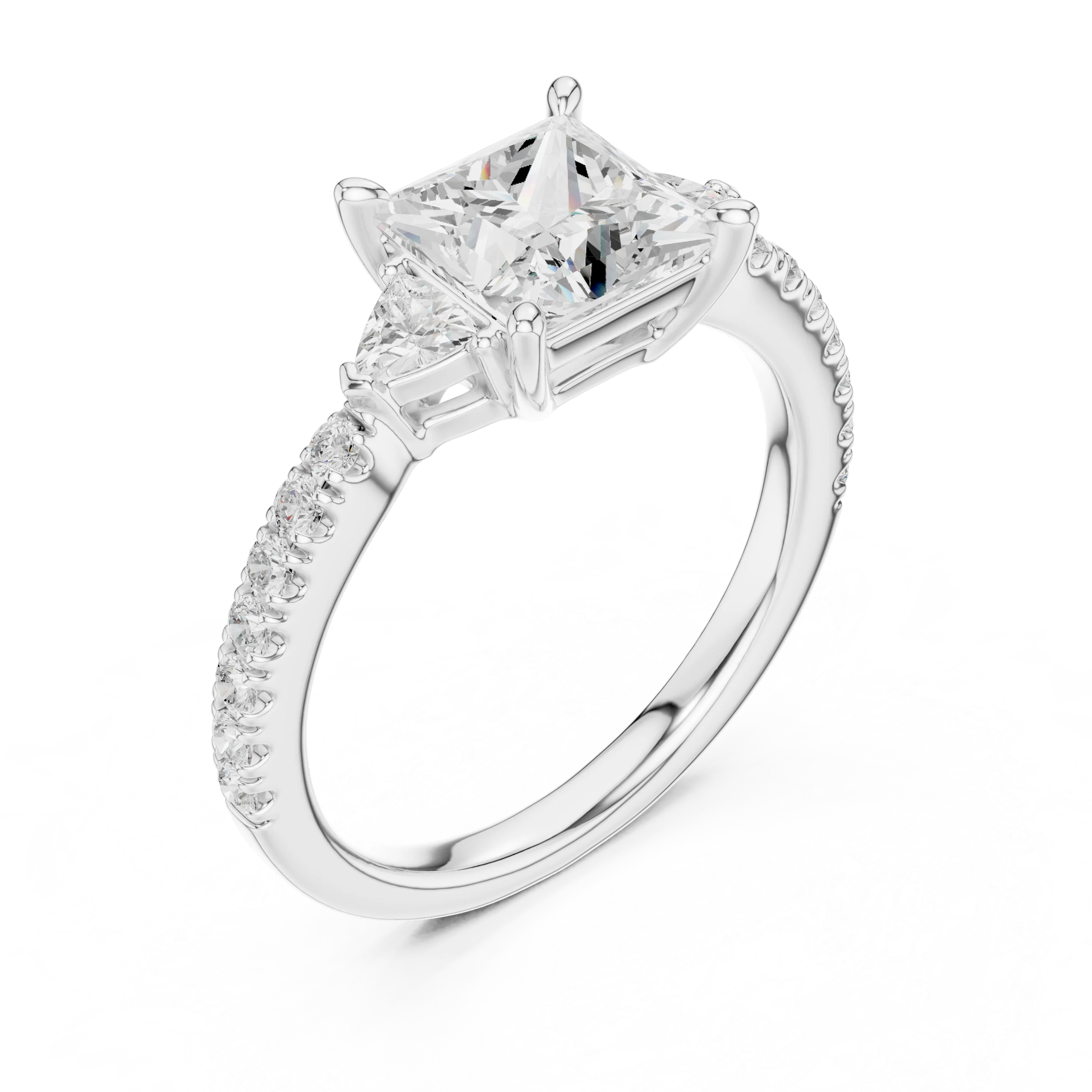 Princess Cut Diamond Three-Stone Engagement Ring with Pave Band