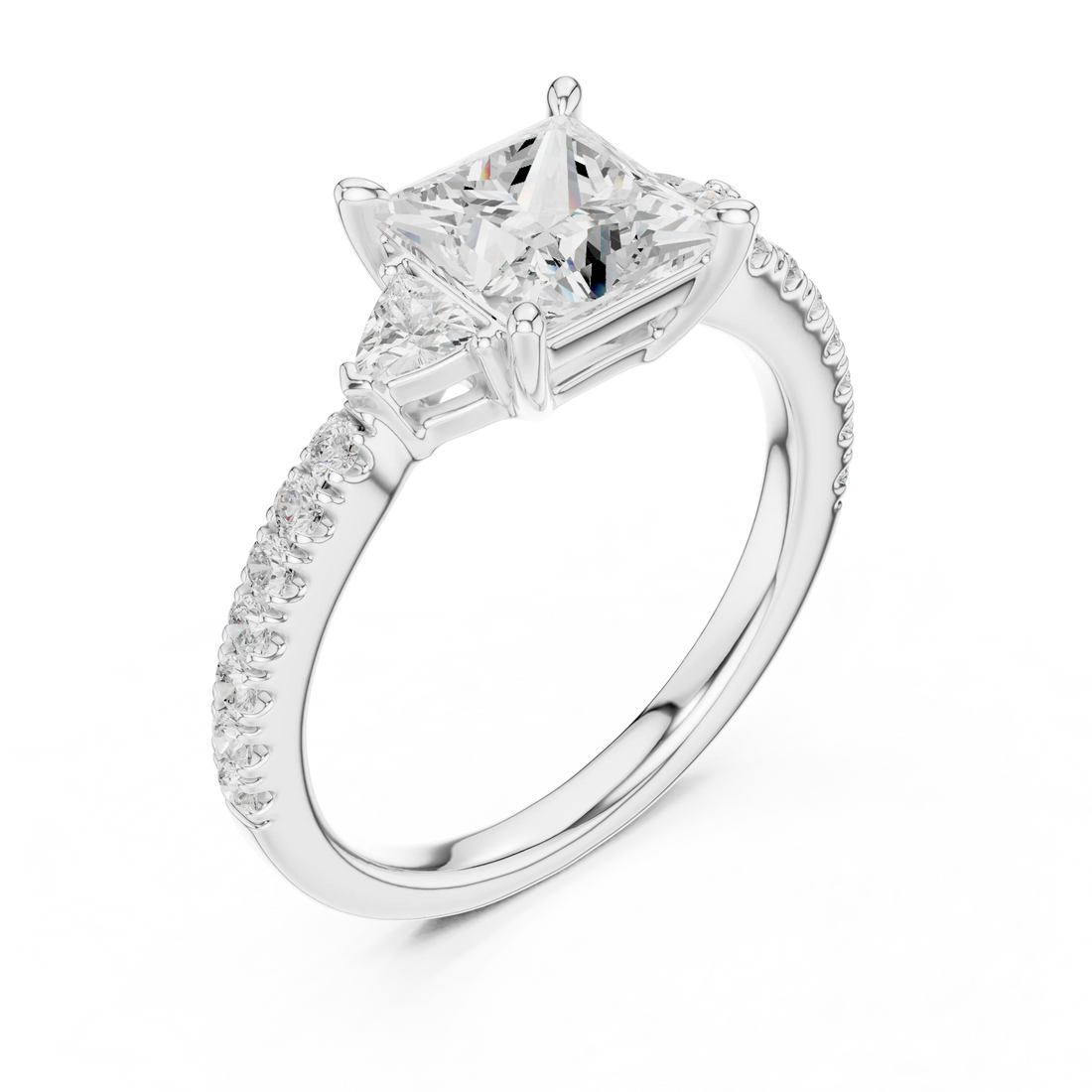 Princess Cut Diamond Three-Stone Engagement Ring with Pave Band