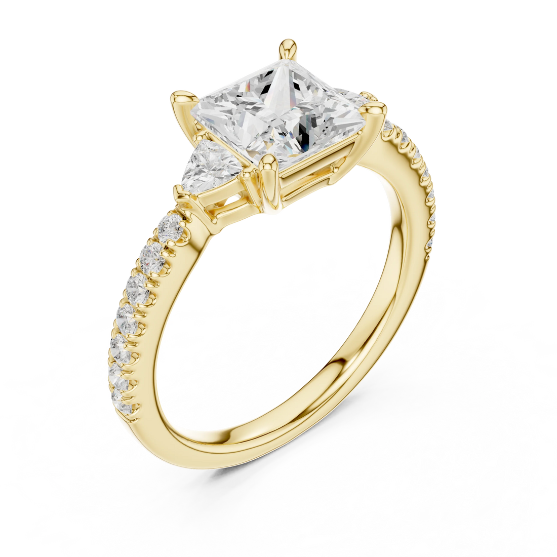 Princess Cut Diamond Three-Stone Engagement Ring with Pave Band