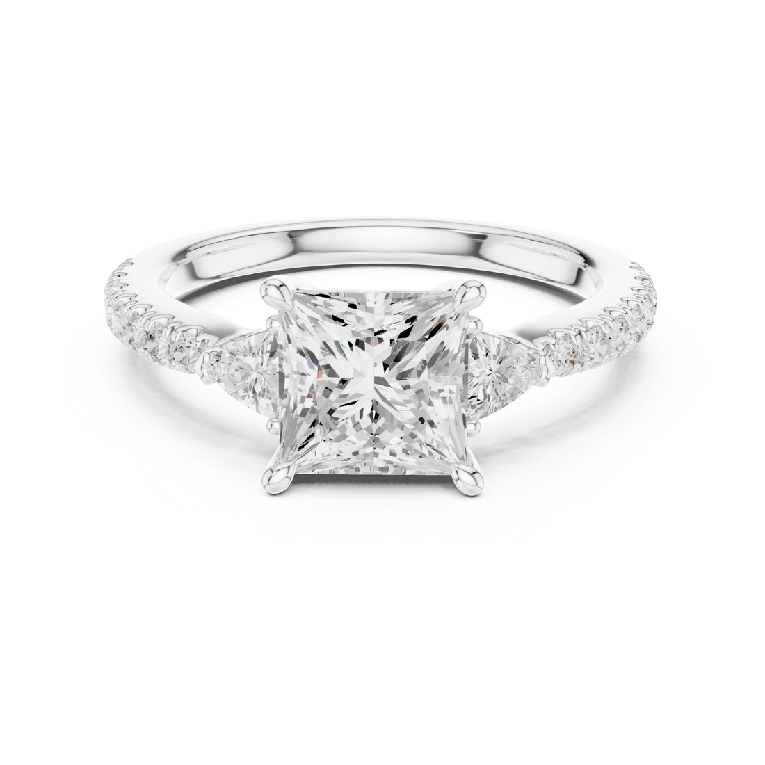 Princess Cut Diamond Three-Stone Engagement Ring with Pave Band