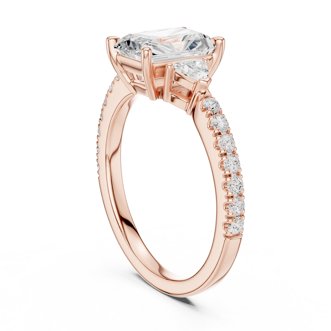 Radiant Cut Diamond Three-Stone Engagement Ring with Pave Band