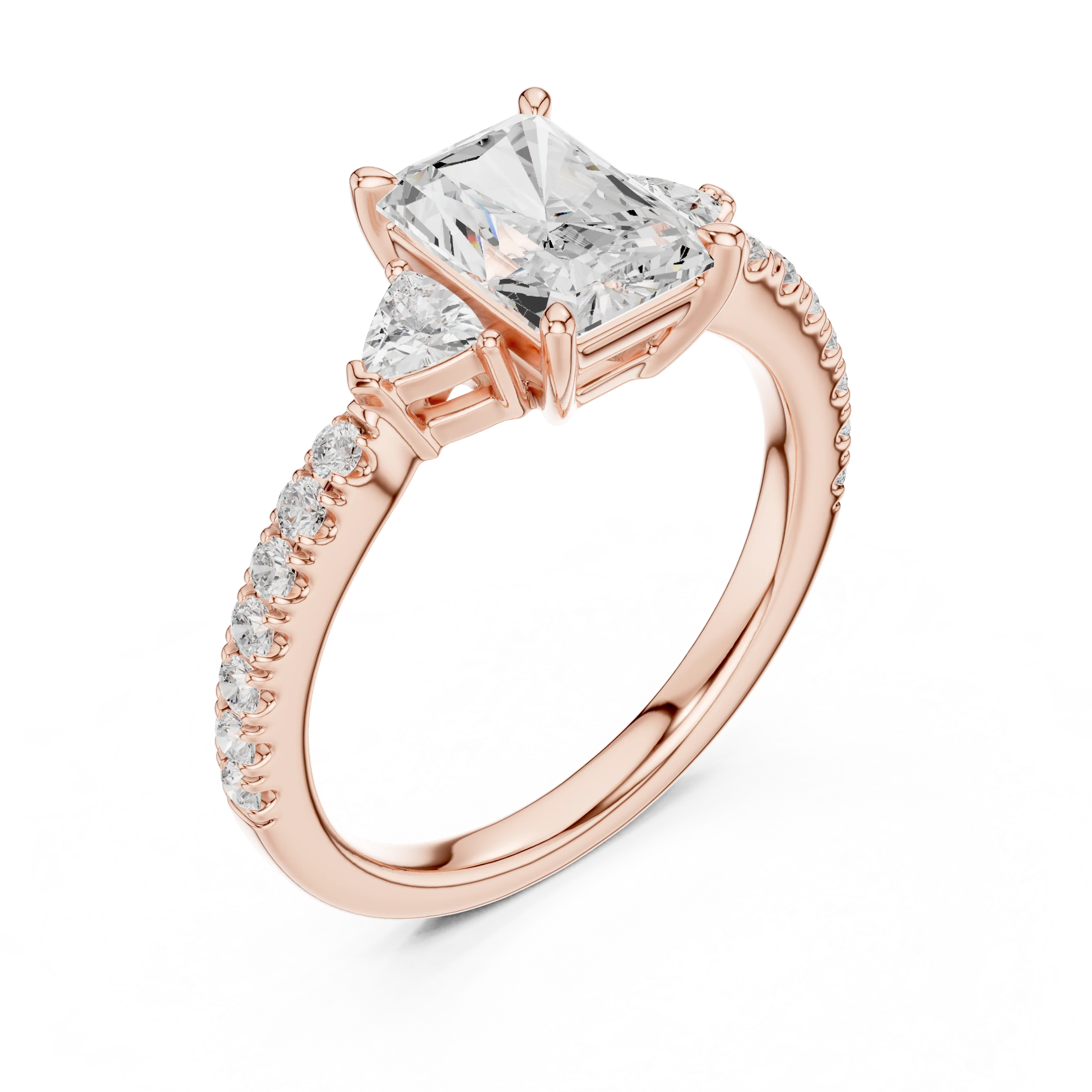 Radiant Cut Diamond Three-Stone Engagement Ring with Pave Band