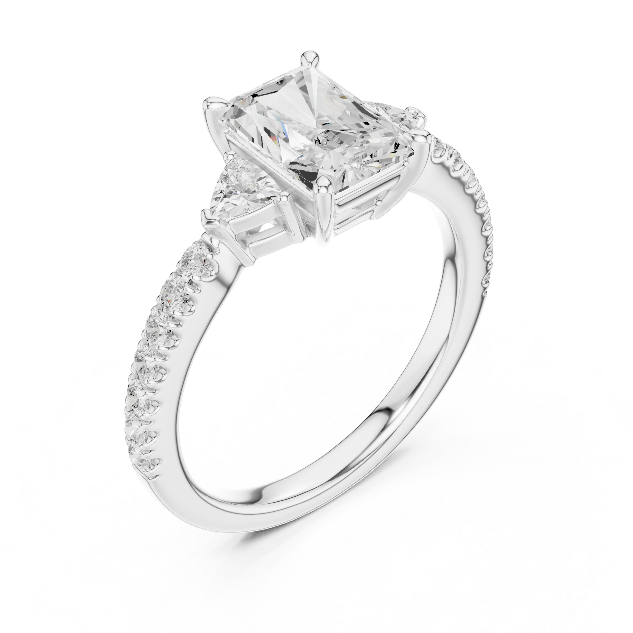 Radiant Cut Diamond Three-Stone Engagement Ring with Pave Band