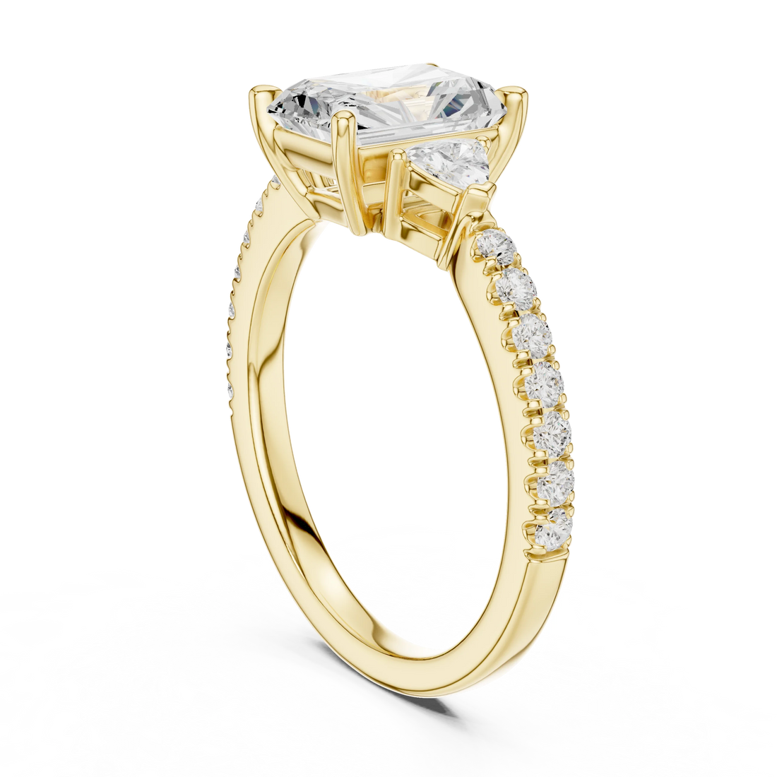 Radiant Cut Diamond Three-Stone Engagement Ring with Pave Band