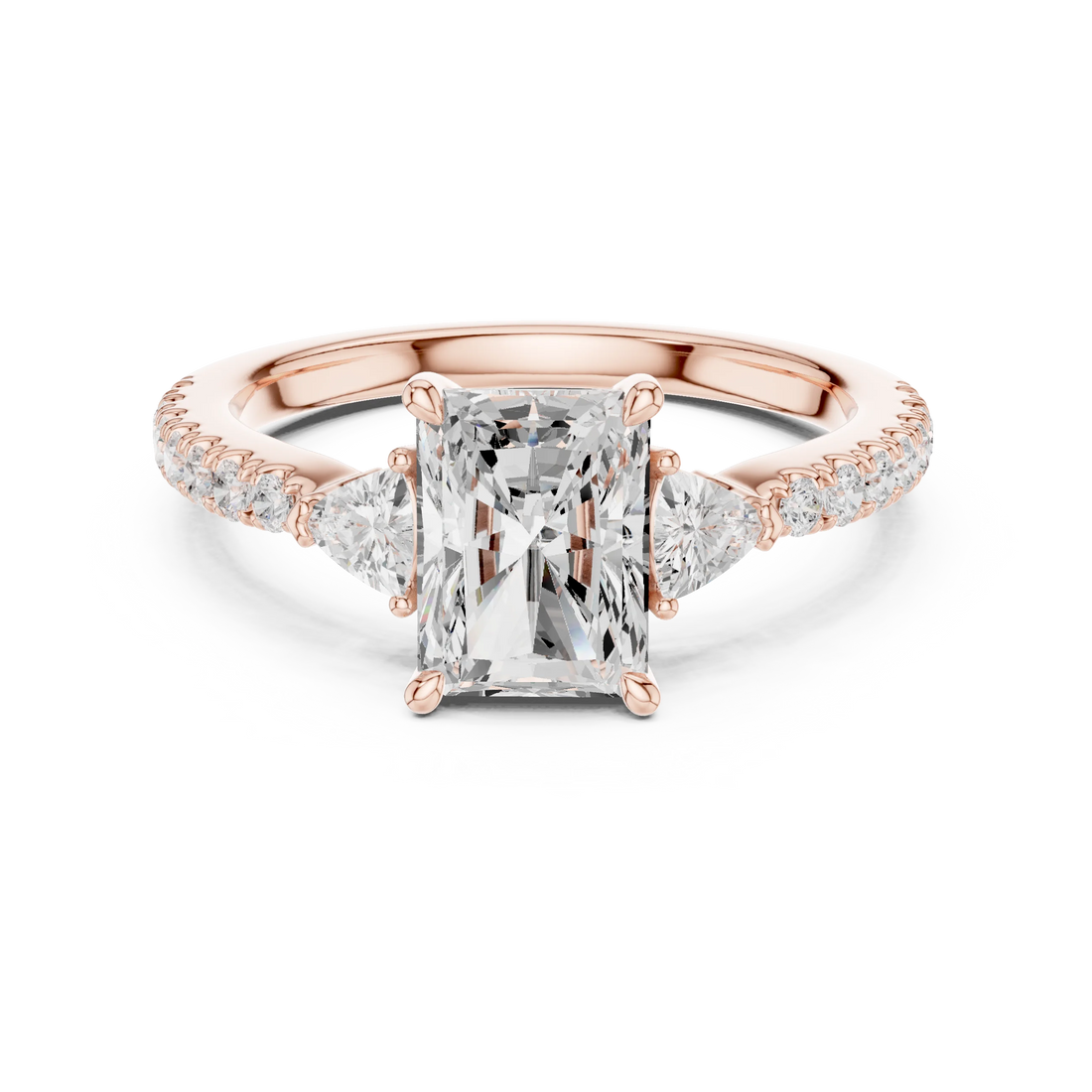 Radiant Cut Diamond Three-Stone Engagement Ring with Pave Band