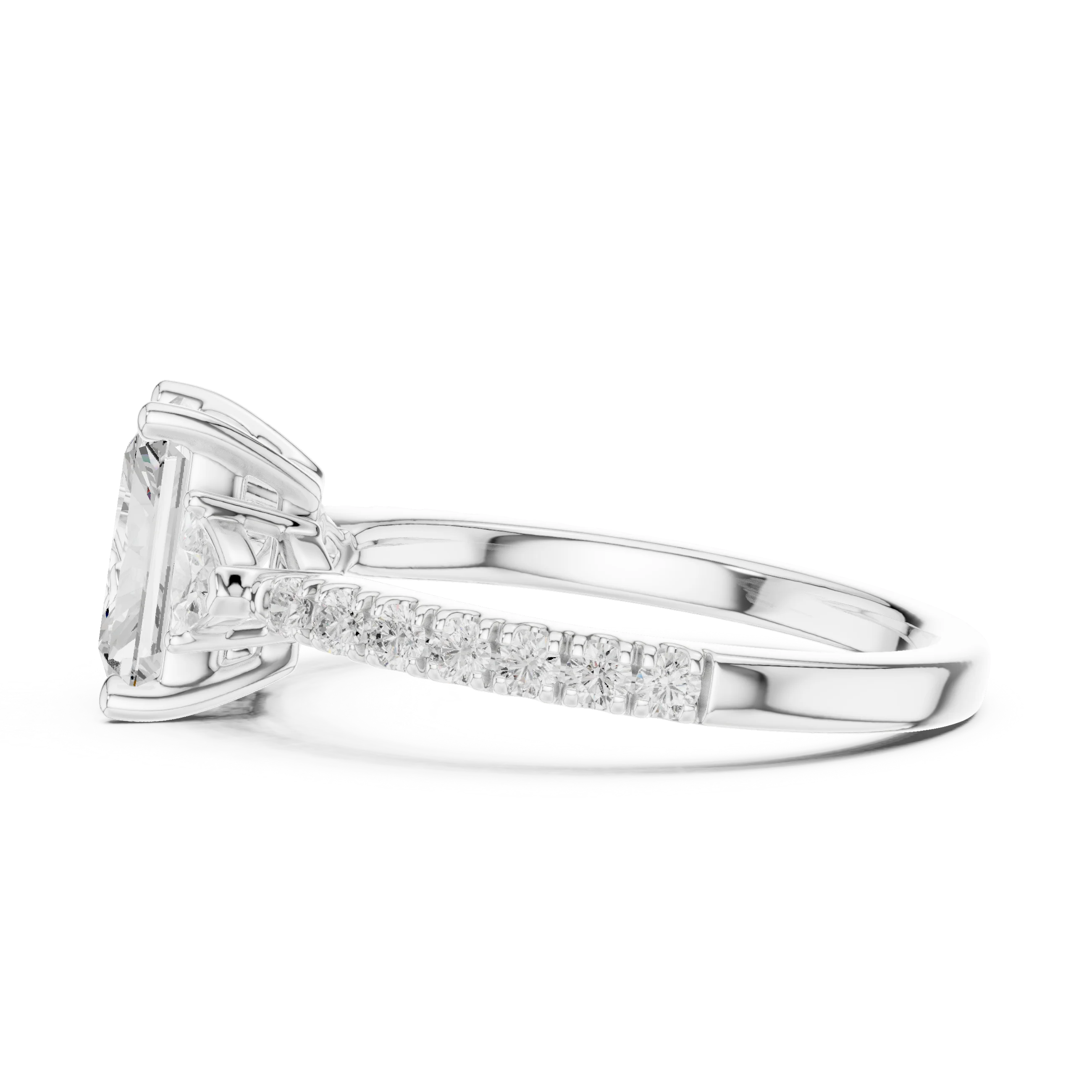 Radiant Cut Diamond Three-Stone Engagement Ring with Pave Band