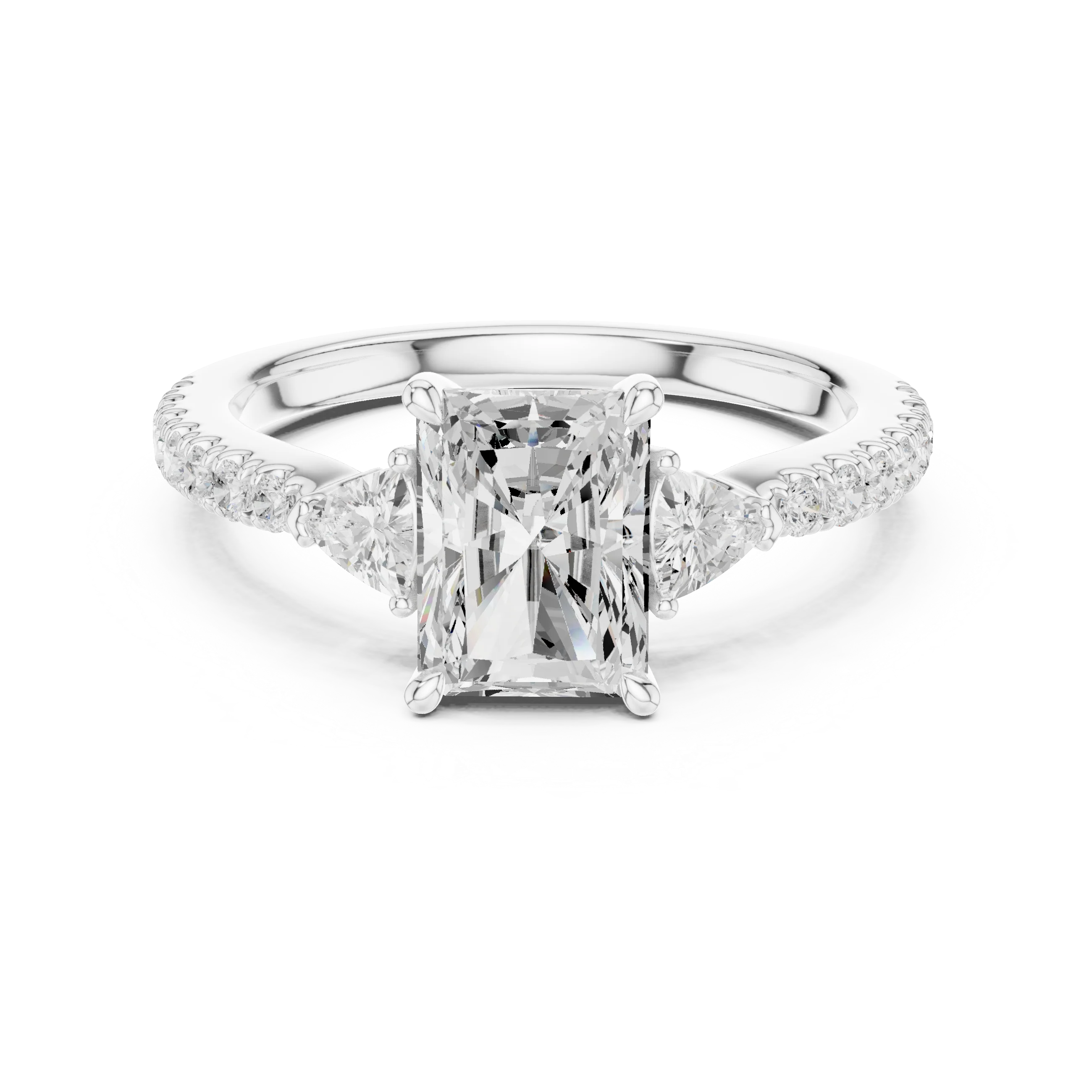 Radiant Cut Diamond Three-Stone Engagement Ring with Pave Band