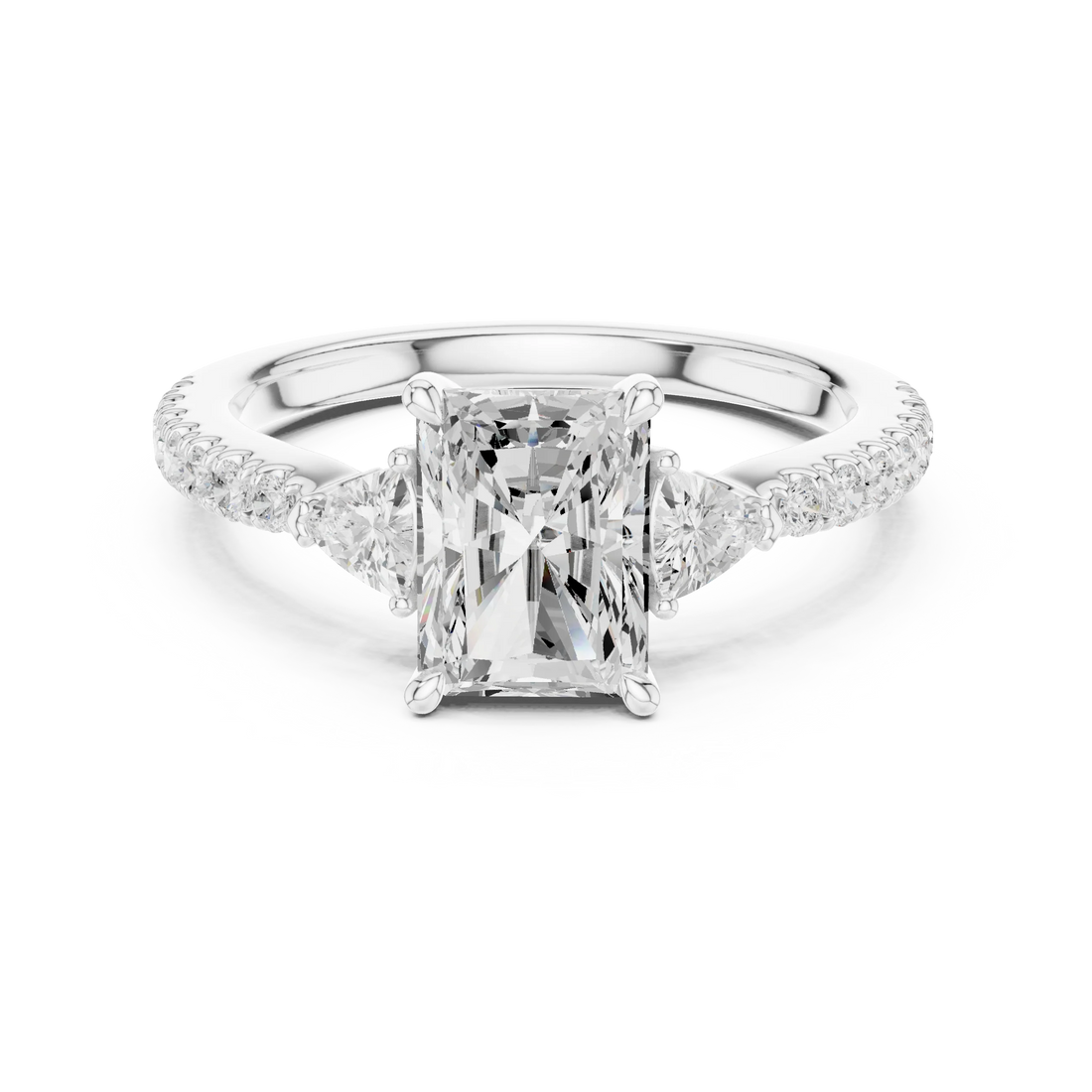 Radiant Cut Diamond Three-Stone Engagement Ring with Pave Band