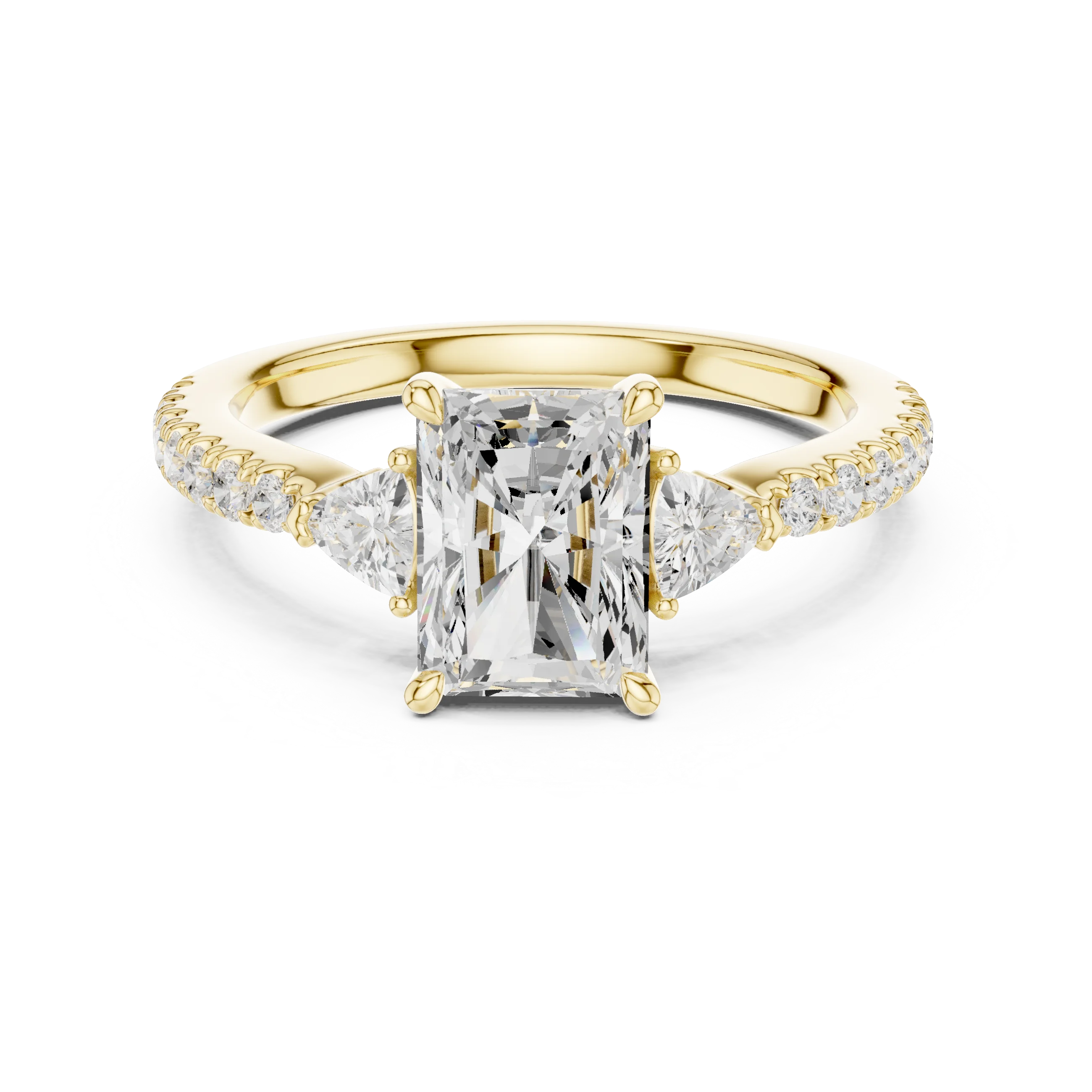 Radiant Cut Diamond Three-Stone Engagement Ring with Pave Band