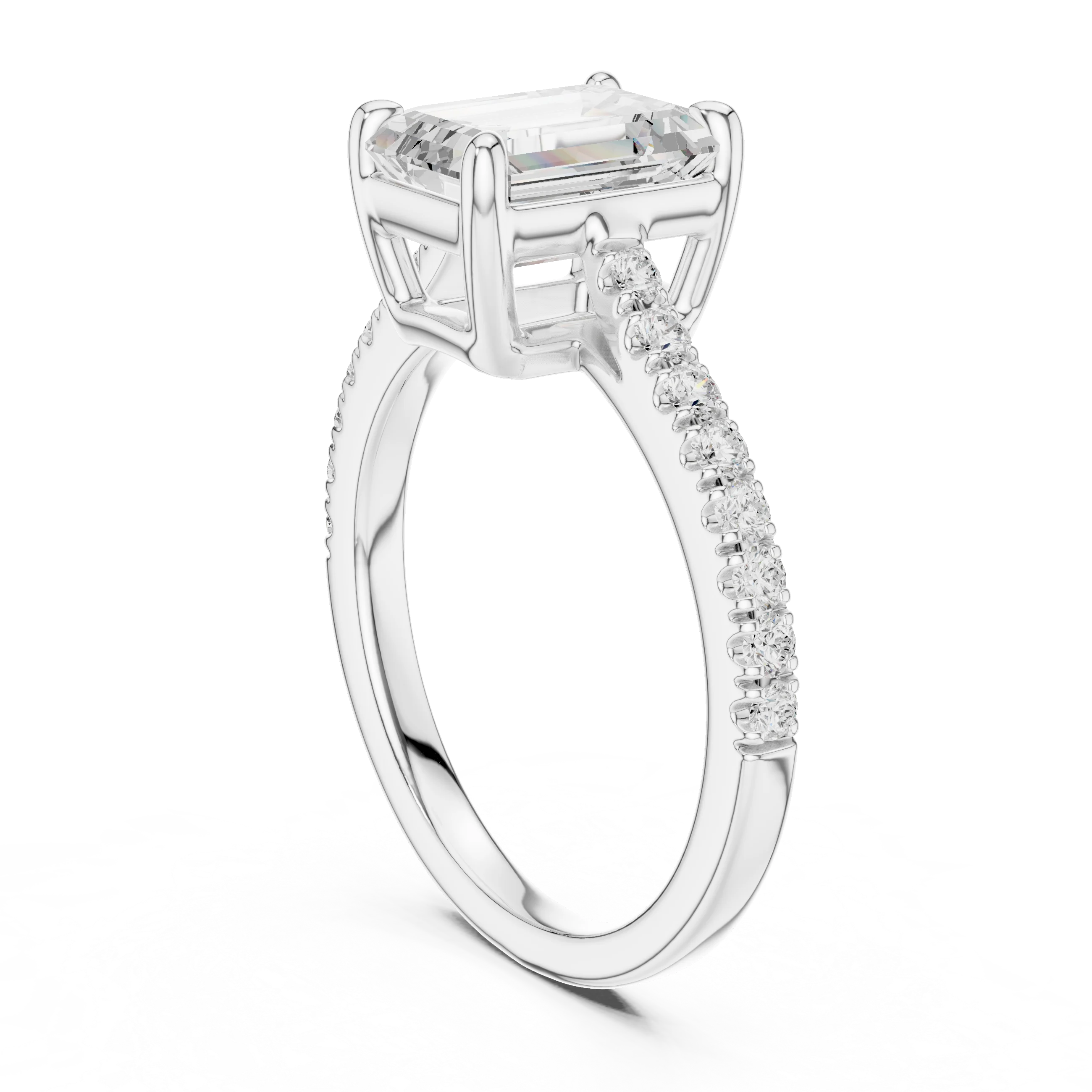 Emerald Cut Diamond Pave Band Engagement Ring