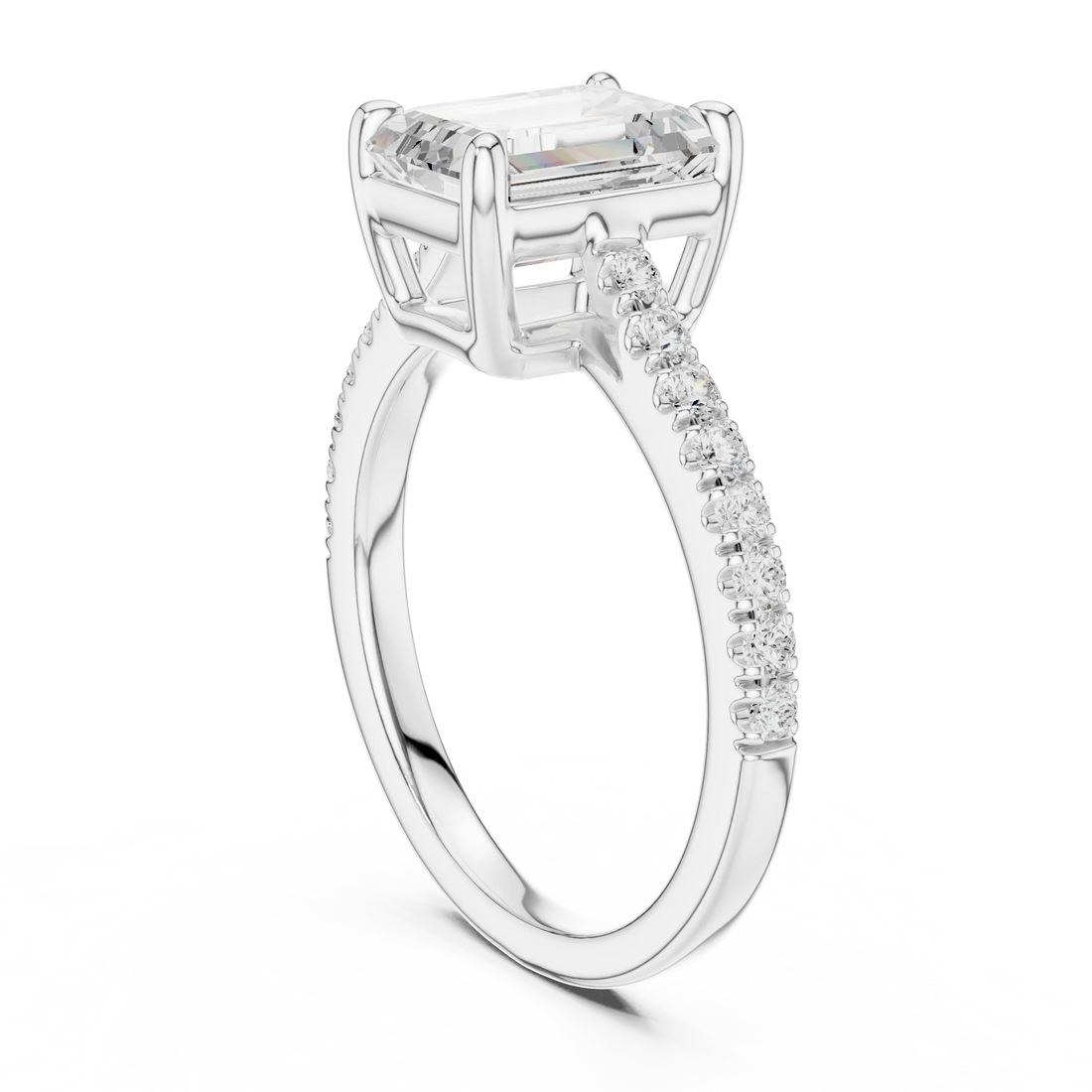Emerald Cut Diamond Pave Band Engagement Ring