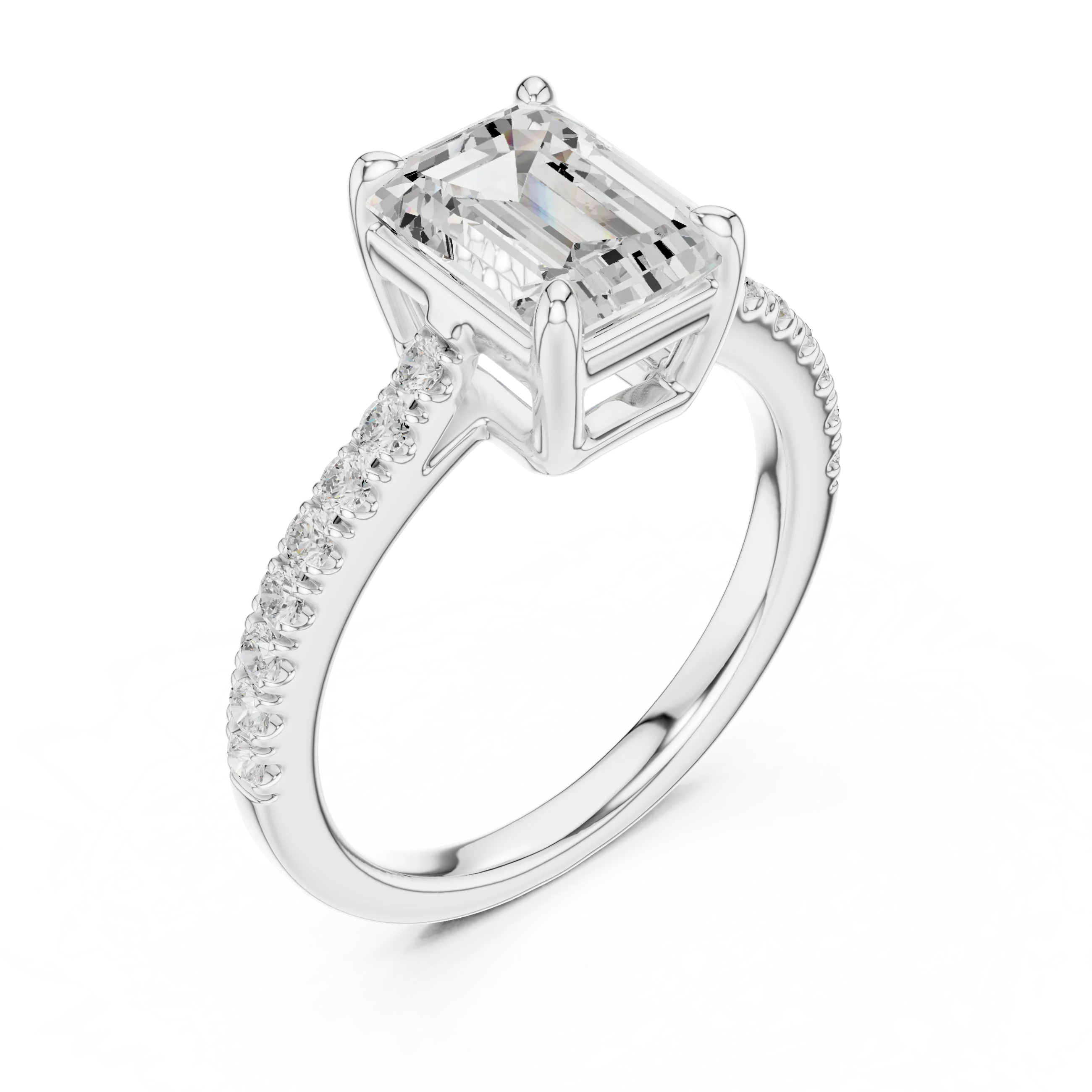 Emerald Cut Diamond Pave Band Engagement Ring