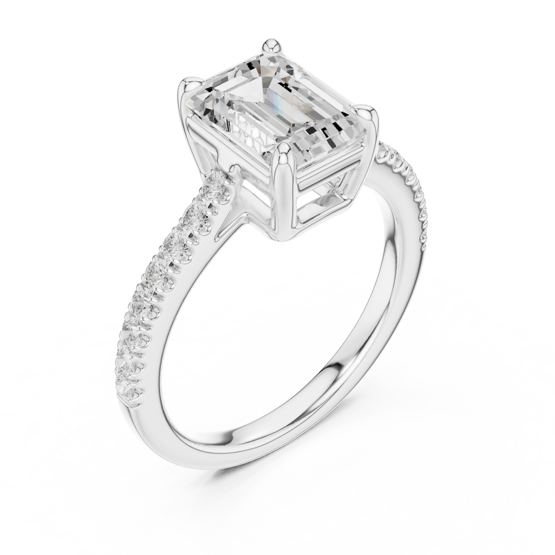 Emerald Cut Diamond Pave Band Engagement Ring