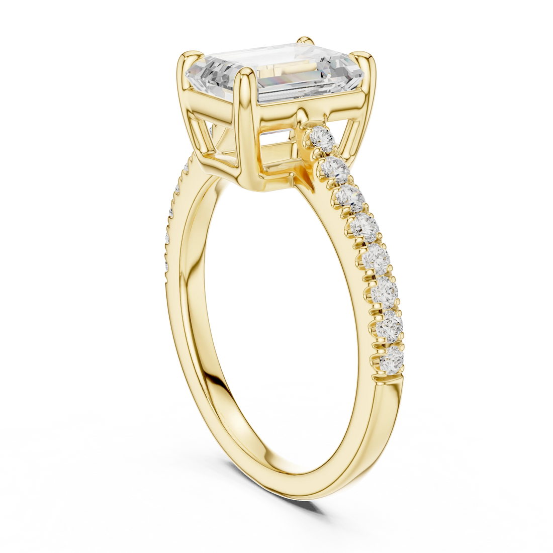 Emerald Cut Diamond Pave Band Engagement Ring