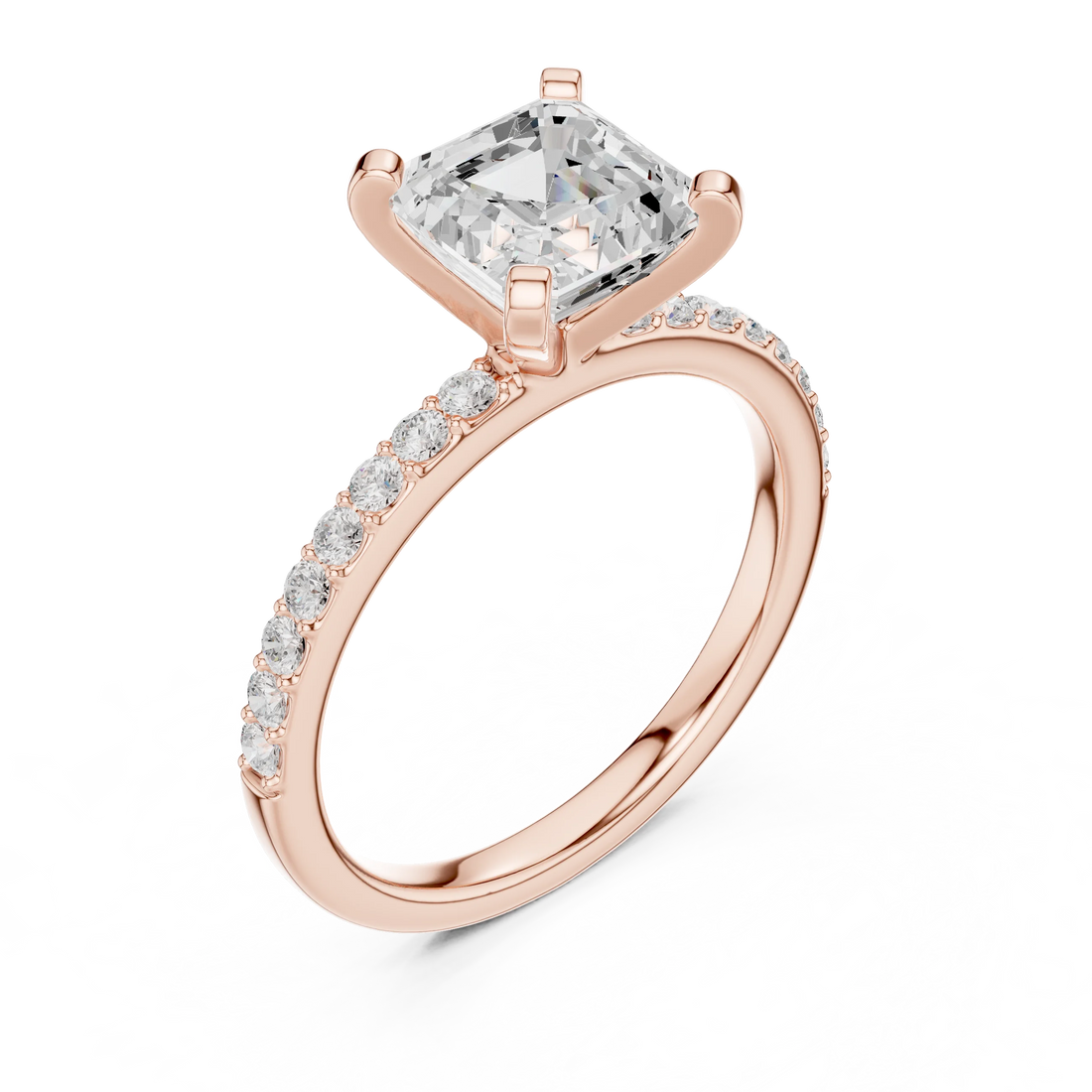 Asscher Cut Diamond Pave Band Solitaire Engagement Ring