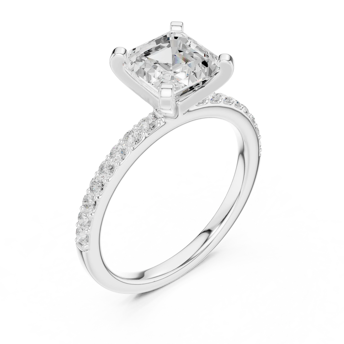 Asscher Cut Diamond Pave Band Solitaire Engagement Ring