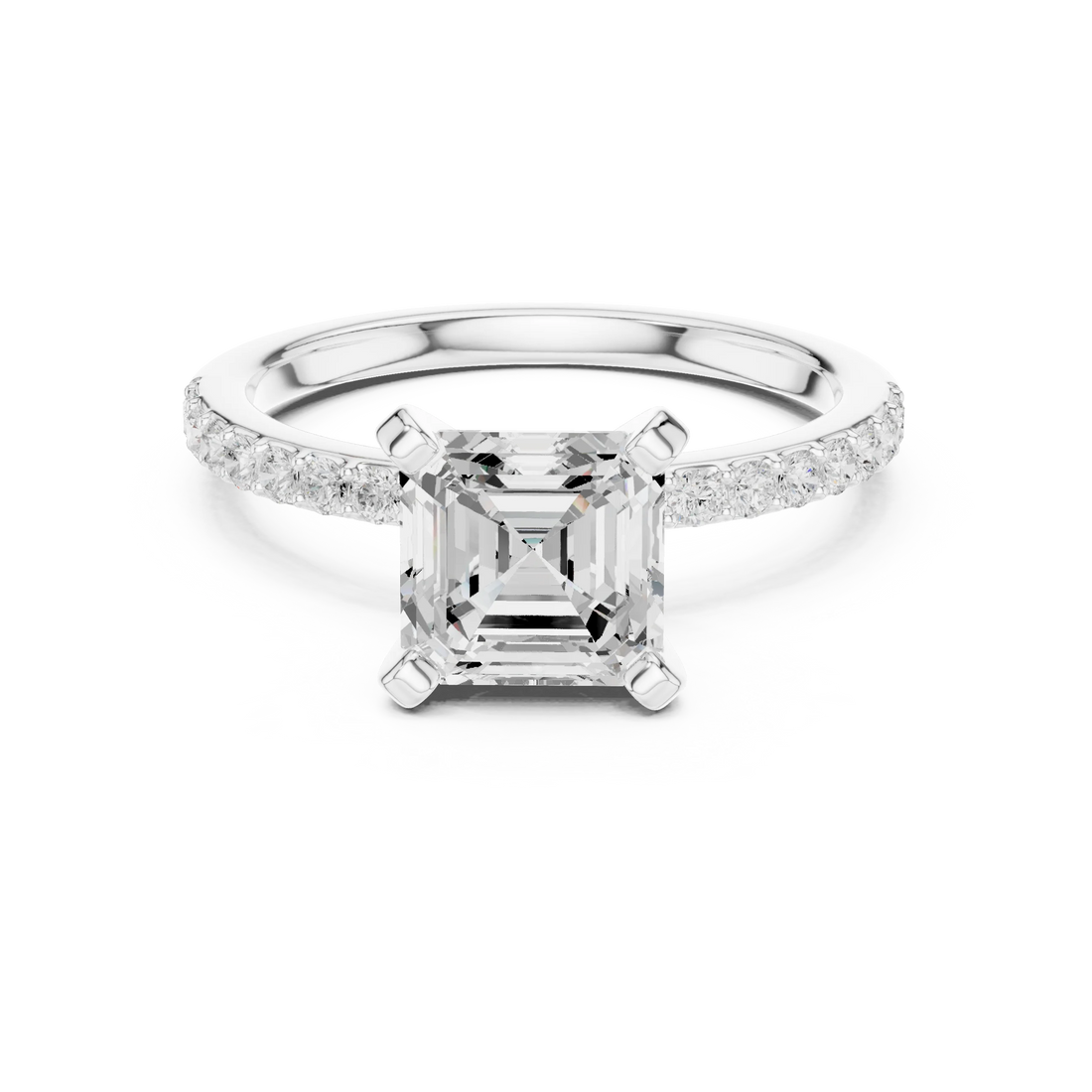 Asscher Cut Diamond Pave Band Solitaire Engagement Ring