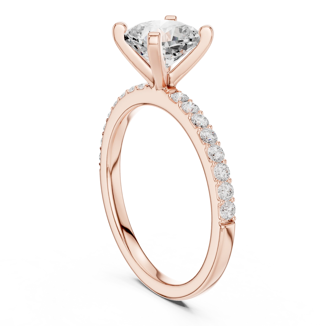 Cushion Cut Diamond Pave Band Solitaire Engagement Ring