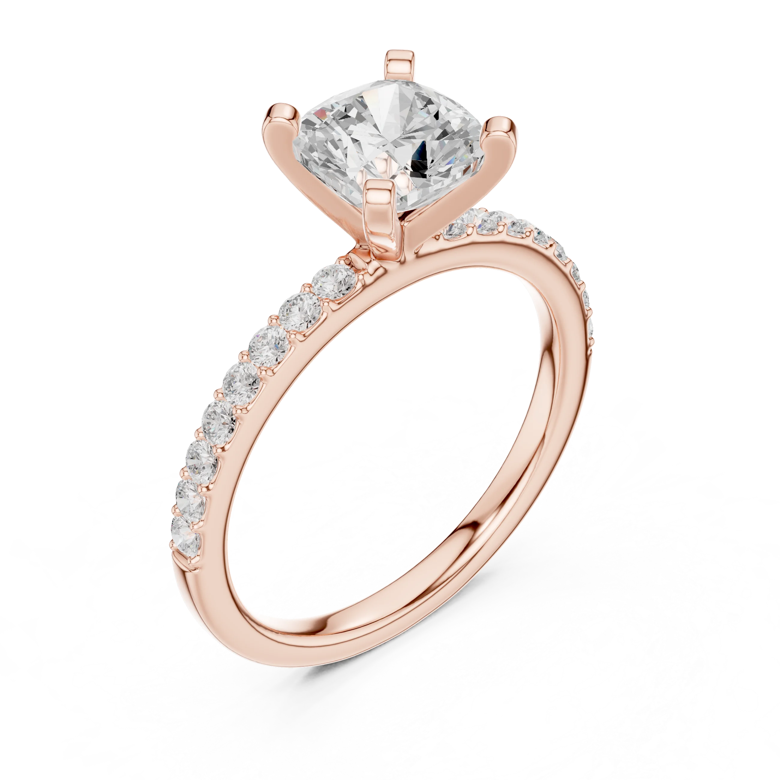 Cushion Cut Diamond Pave Band Solitaire Engagement Ring