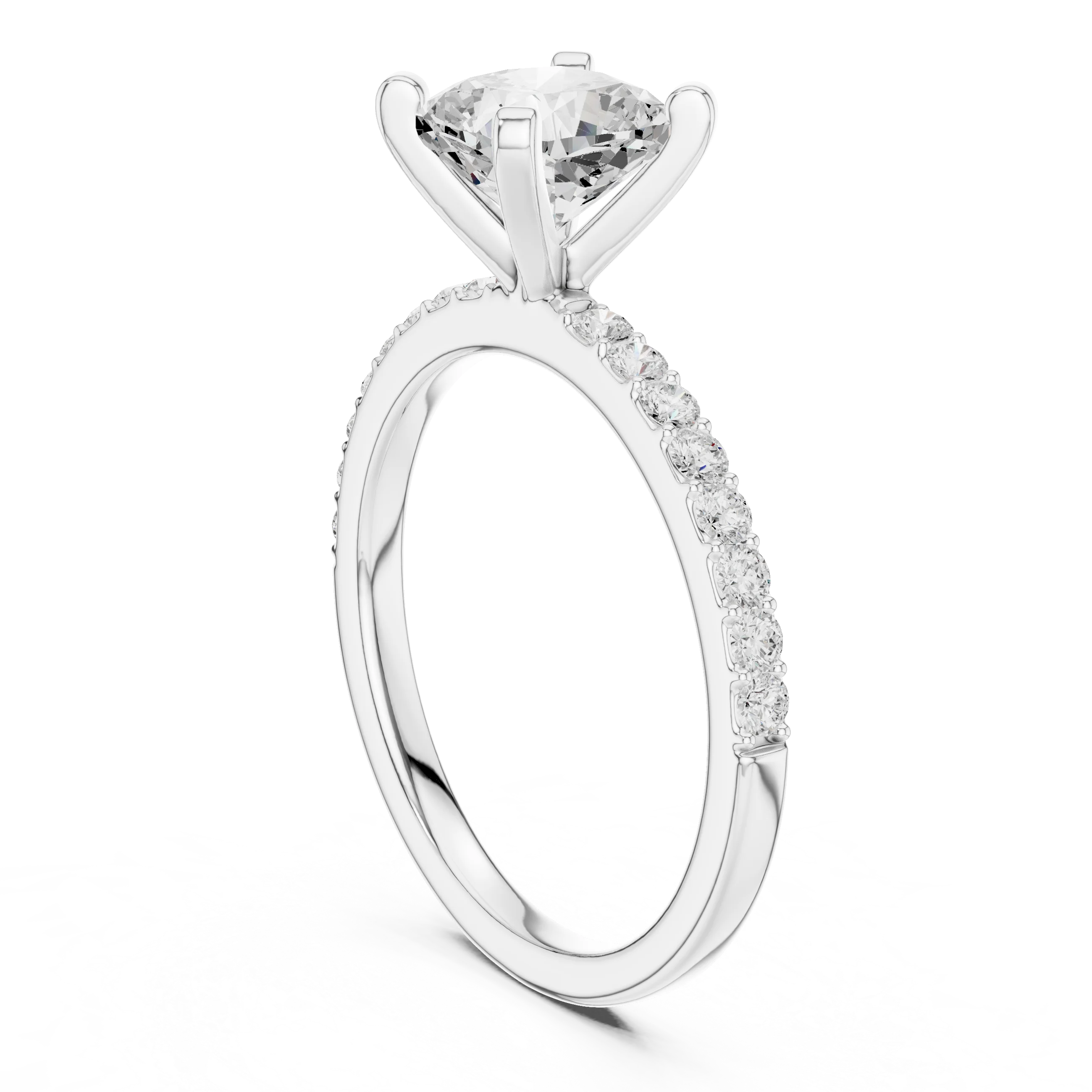 Cushion Cut Diamond Pave Band Solitaire Engagement Ring