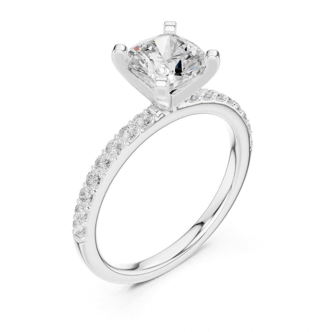 Cushion Cut Diamond Pave Band Solitaire Engagement Ring