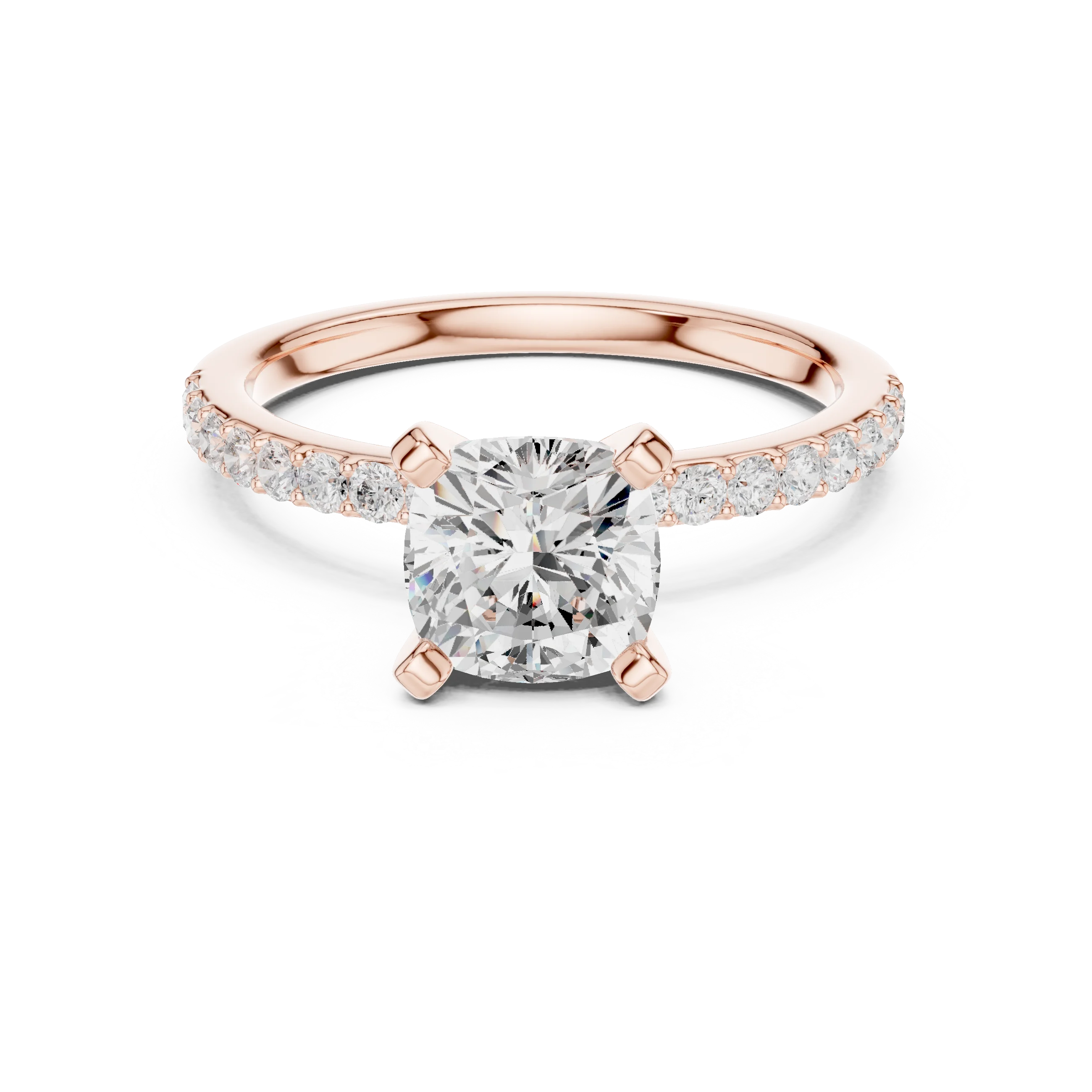 Cushion Cut Diamond Pave Band Solitaire Engagement Ring
