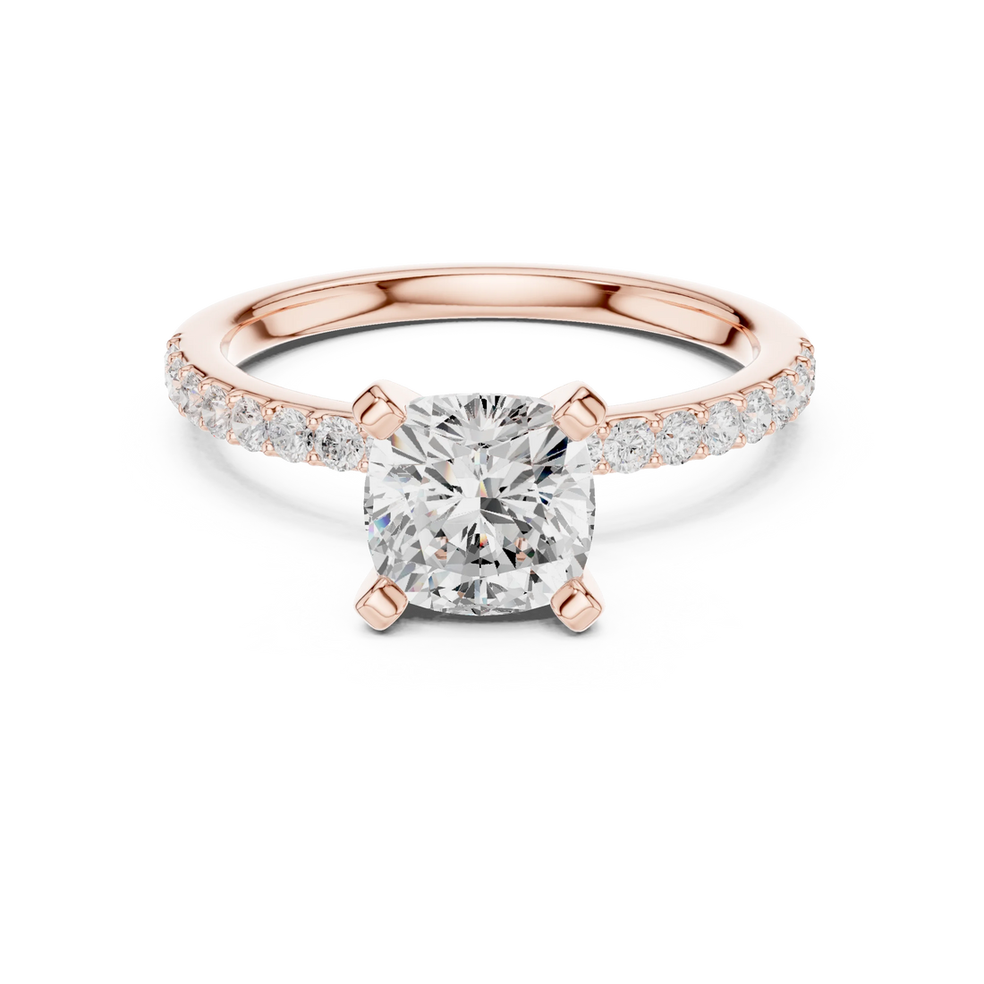 Cushion Cut Diamond Pave Band Solitaire Engagement Ring
