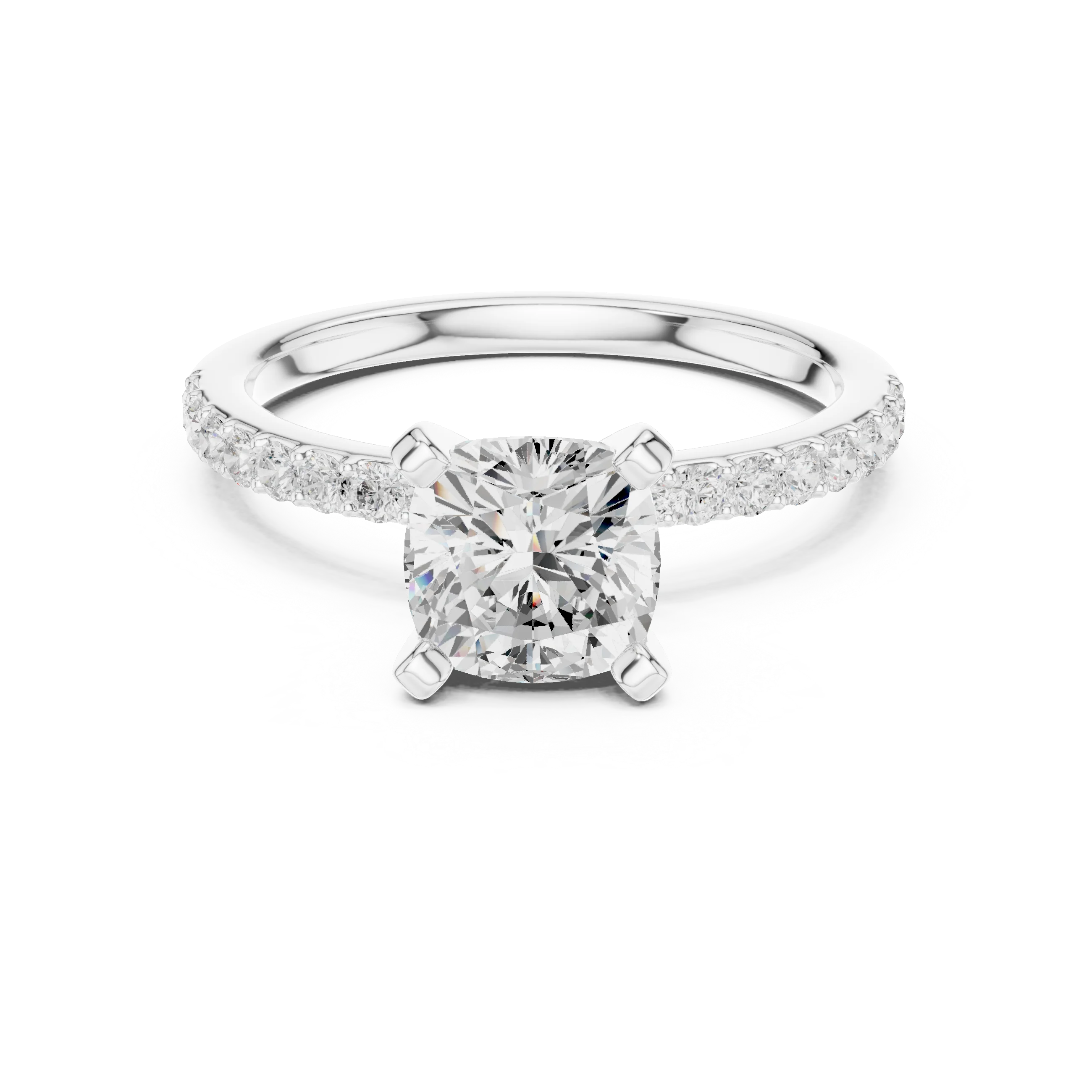 Cushion Cut Diamond Pave Band Solitaire Engagement Ring