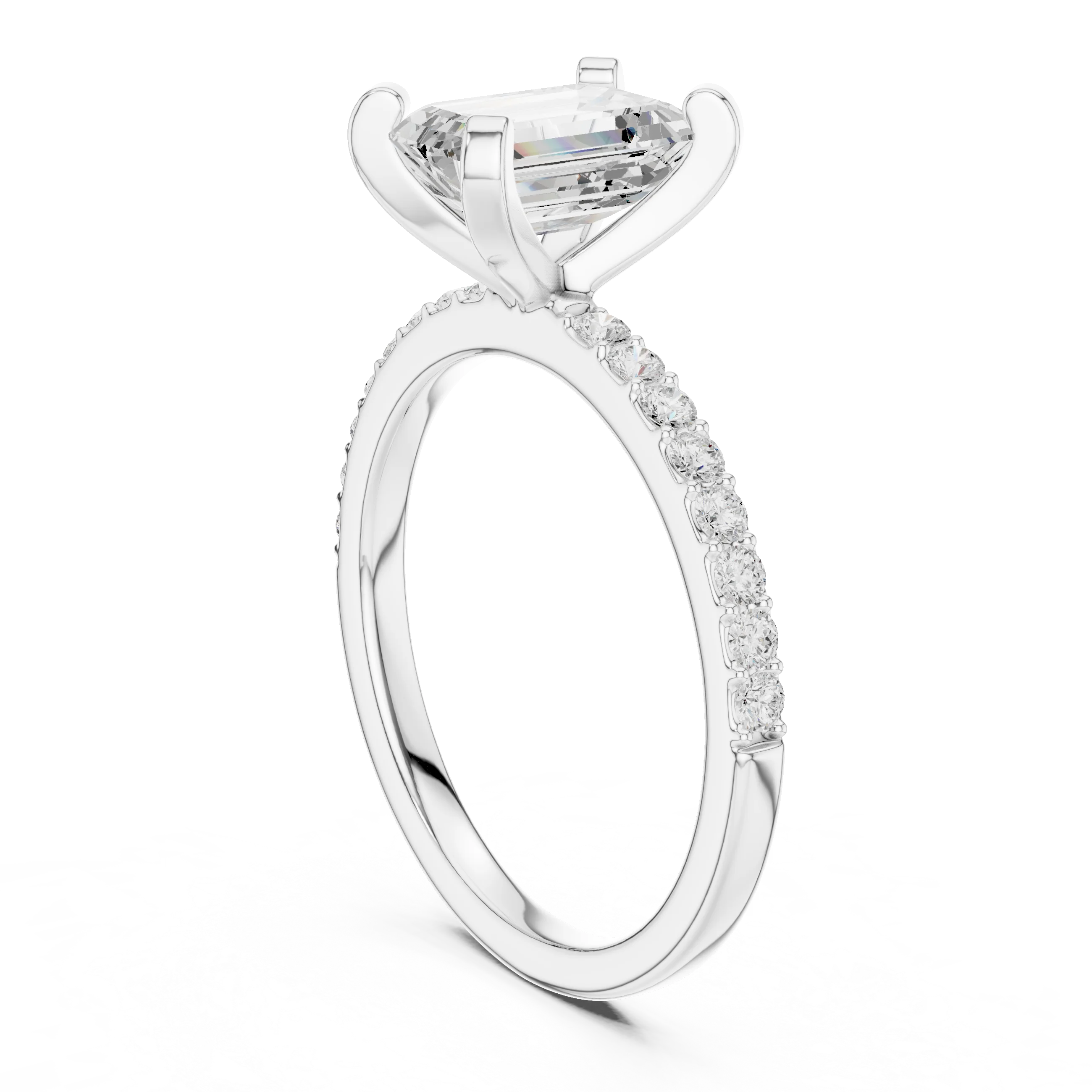 Emerald Cut Diamond Pave Band Solitaire Engagement Ring