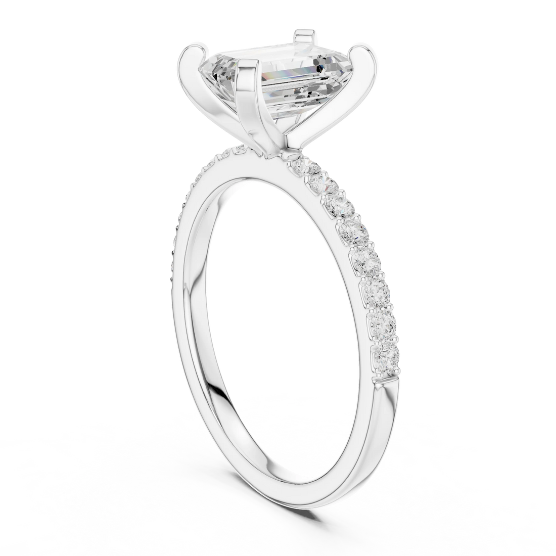 Emerald Cut Diamond Pave Band Solitaire Engagement Ring