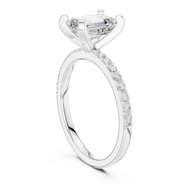 Emerald Cut Diamond Pave Band Solitaire Engagement Ring