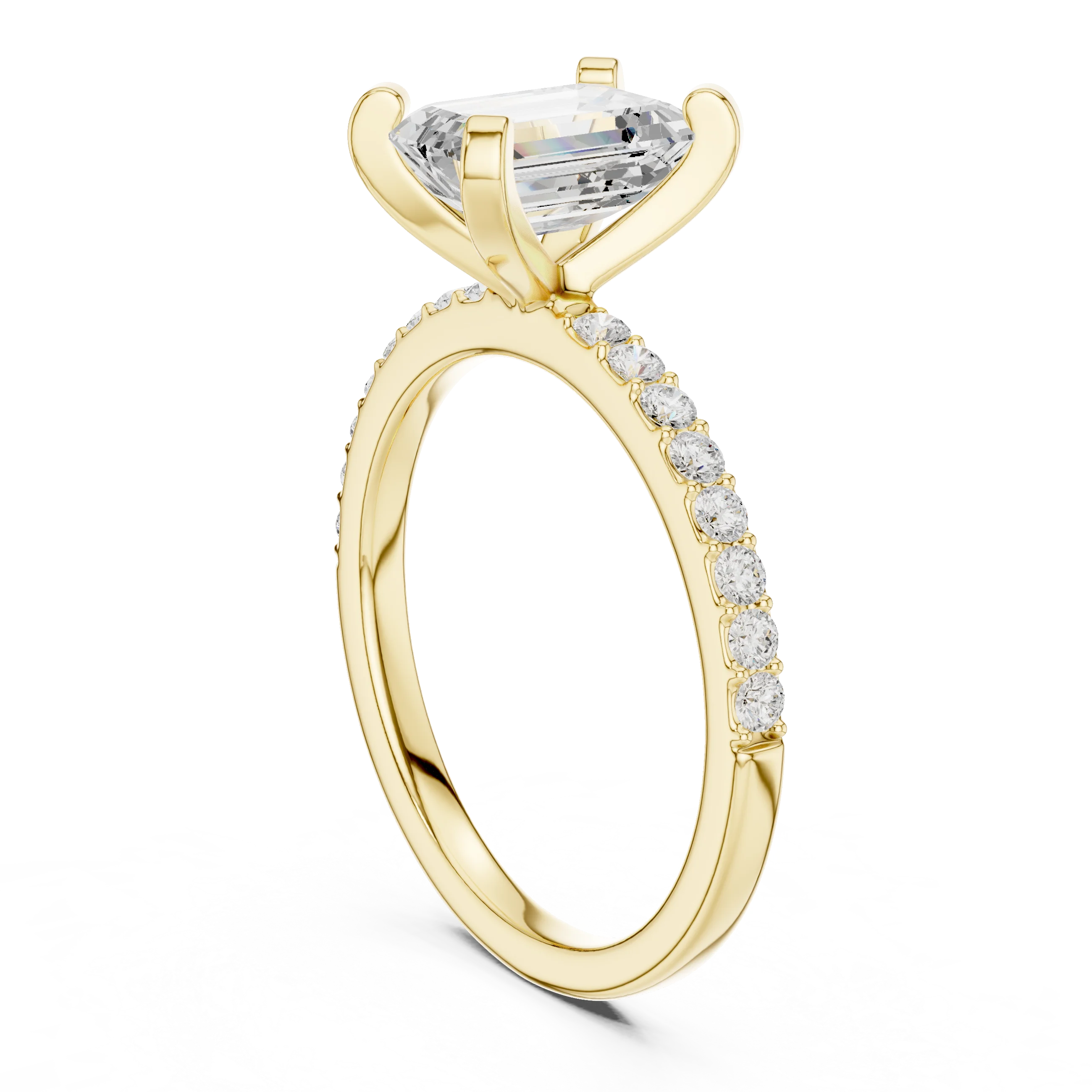 Emerald Cut Diamond Pave Band Solitaire Engagement Ring