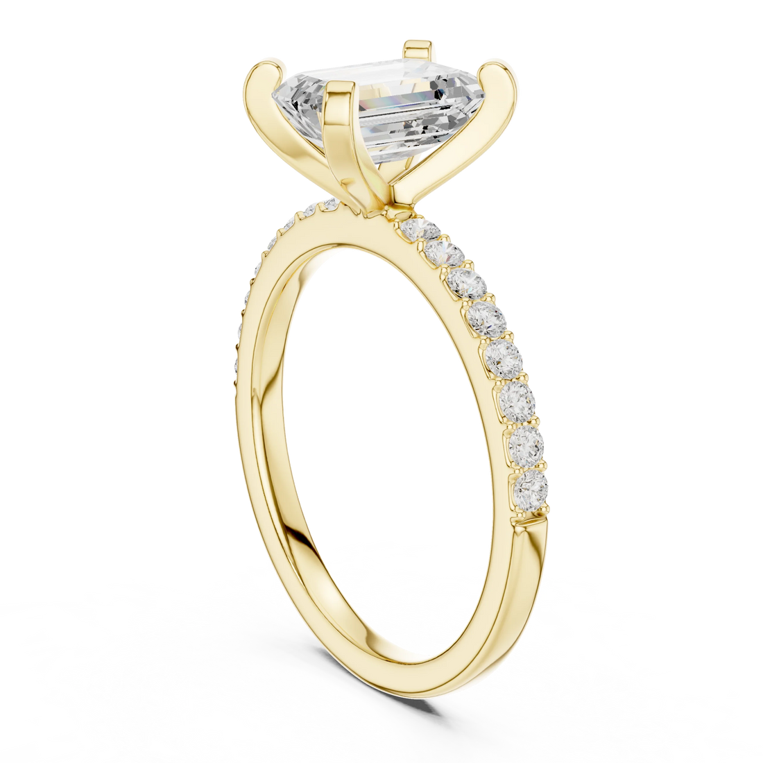 Emerald Cut Diamond Pave Band Solitaire Engagement Ring