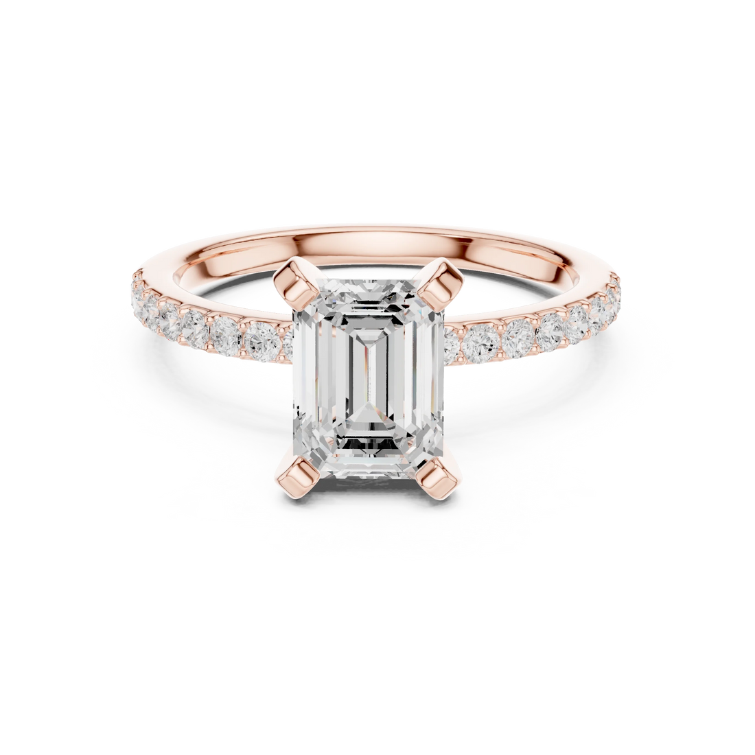 Emerald Cut Diamond Pave Band Solitaire Engagement Ring
