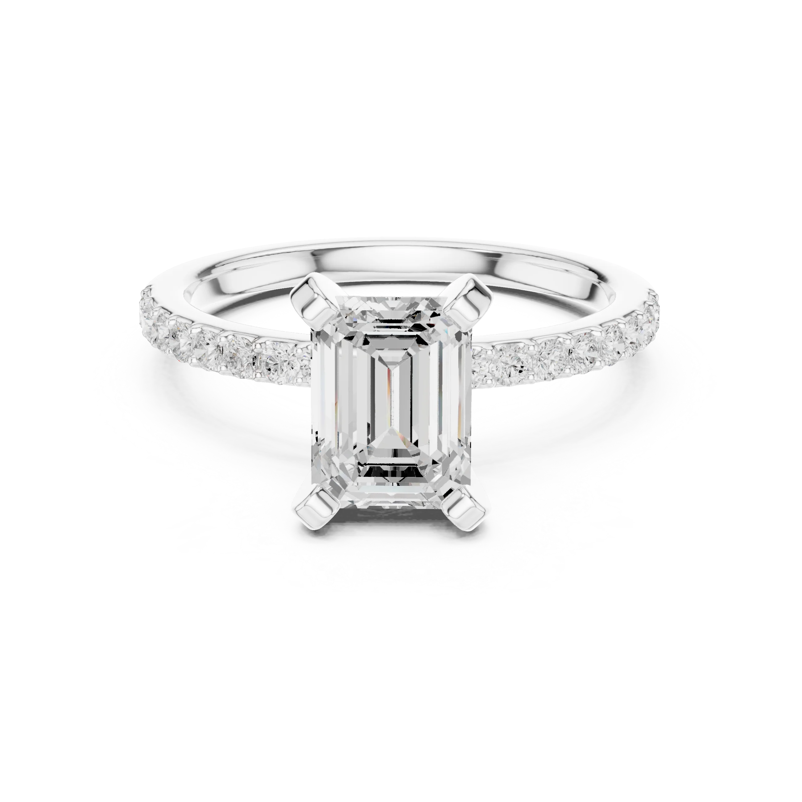 Emerald Cut Diamond Pave Band Solitaire Engagement Ring